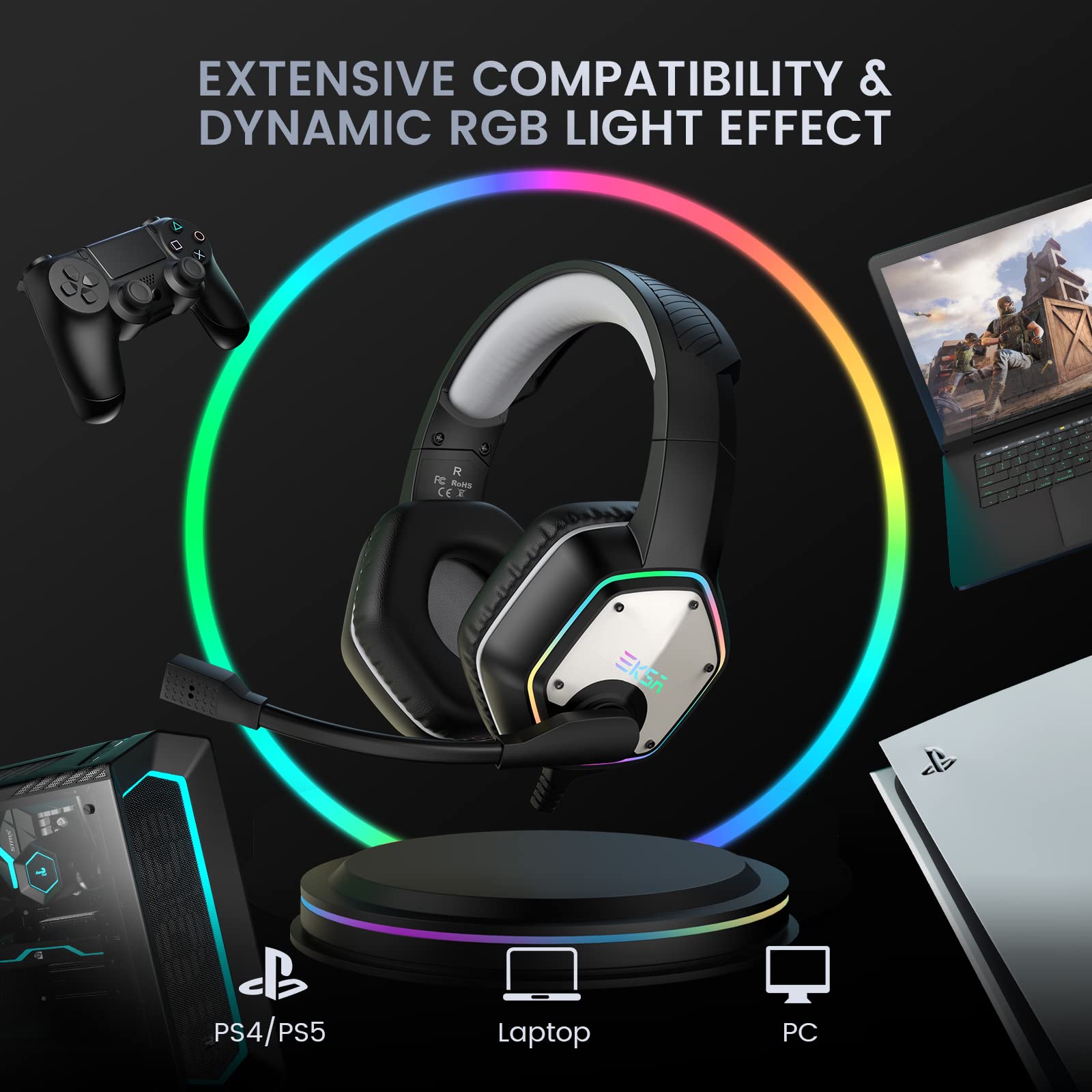 EKSA E1000 USB Gaming Headset with Noise-Canceling Mic - 7.1 Surround Sound RGB Wired Headphones for PC, PS4, PS5, Laptop & Call Center | Perfect for Competitive Gaming, Streaming & Online Meetings
