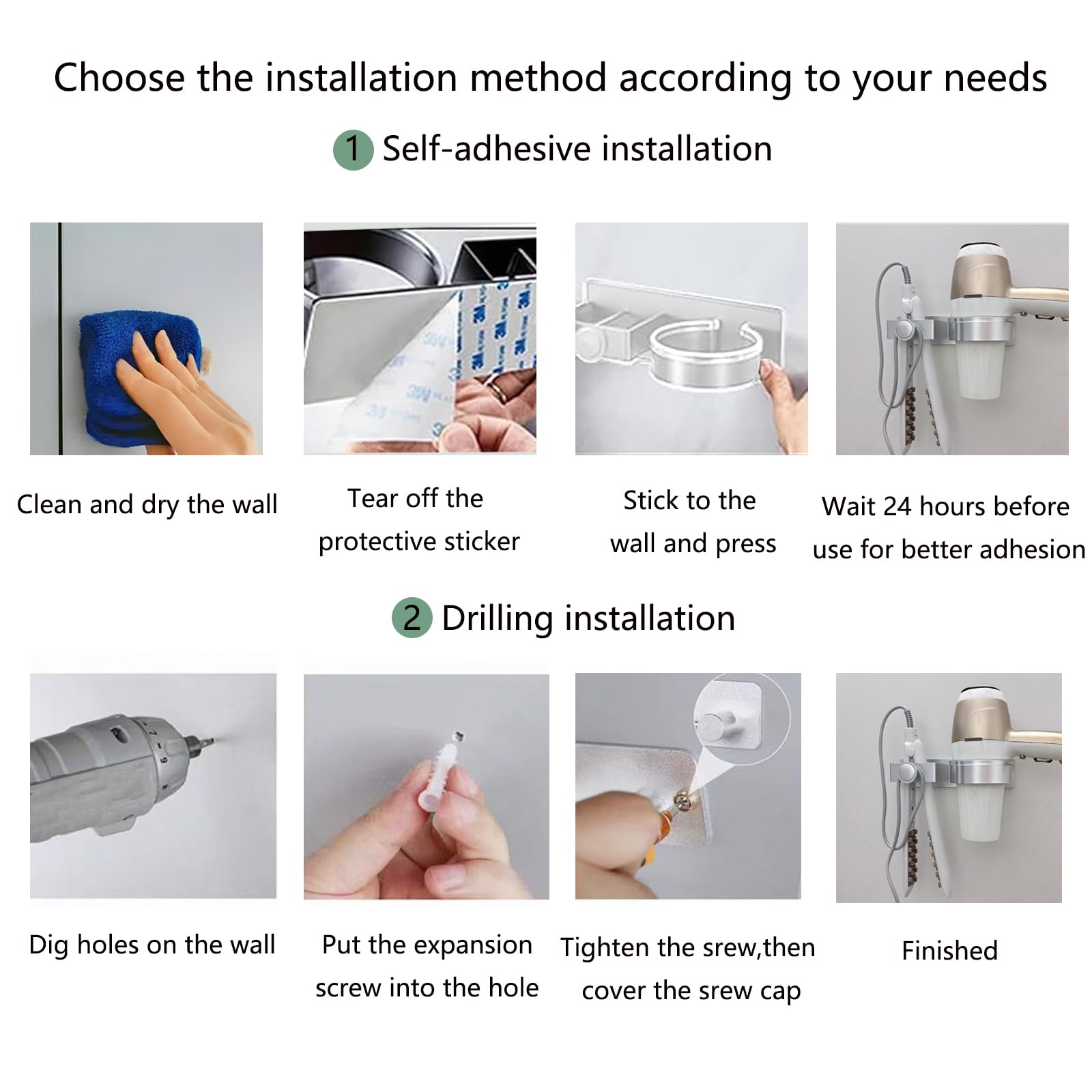 Stainless Steel Wall Mounted Hair Dryer Holder & Hair Straightener Organizer for Blow Dryer, Flat Iron, Curling Iron - Perfect for Bathroom, Salon, and Home Organization