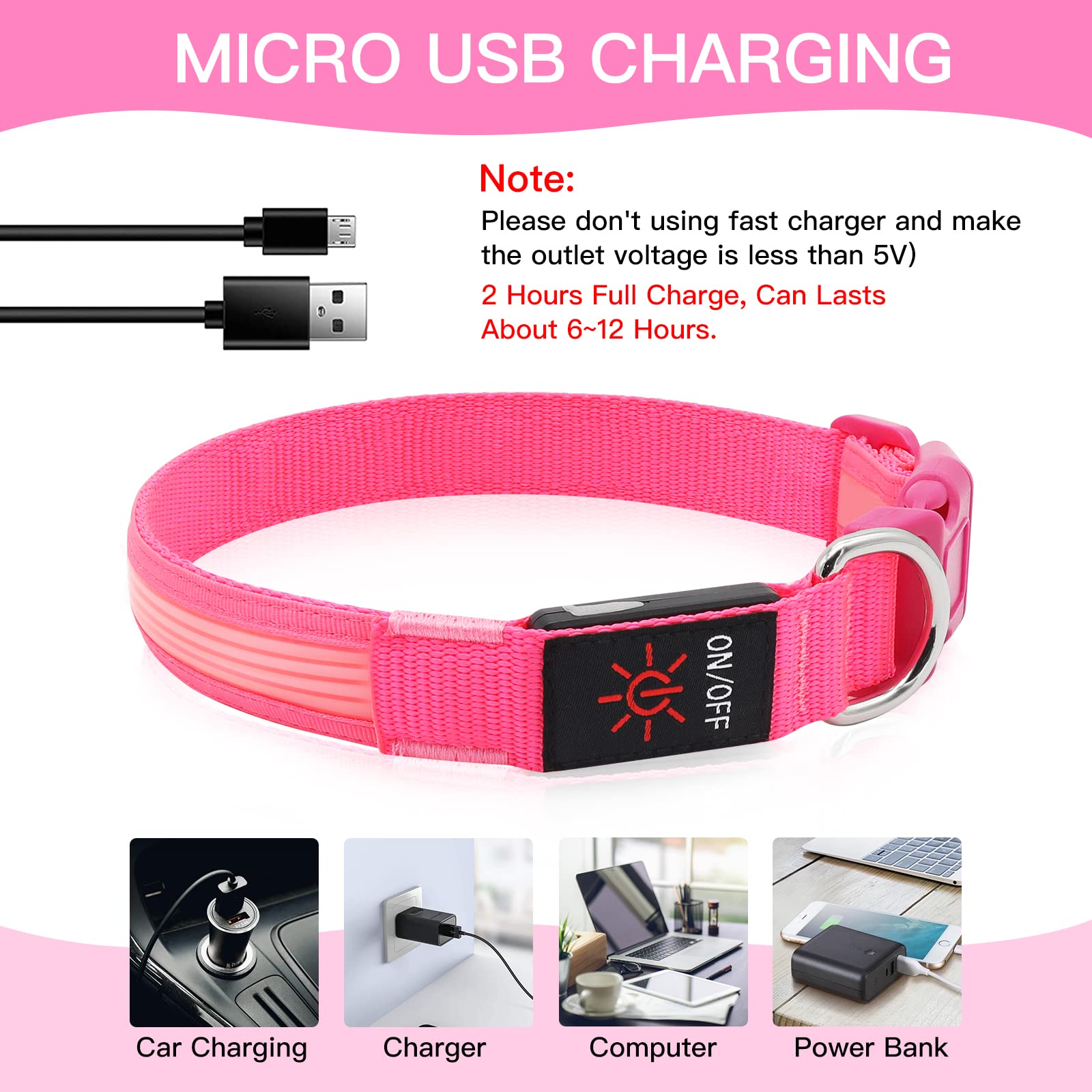 YFbrite USB Rechargeable LED Dog Collar - Super Bright Adjustable Glowing Collar for Night Walking, Safety & Visibility (Pink, Medium) - Perfect for Evening Walks, Jogging, and Outdoor Adventures with Your Pet