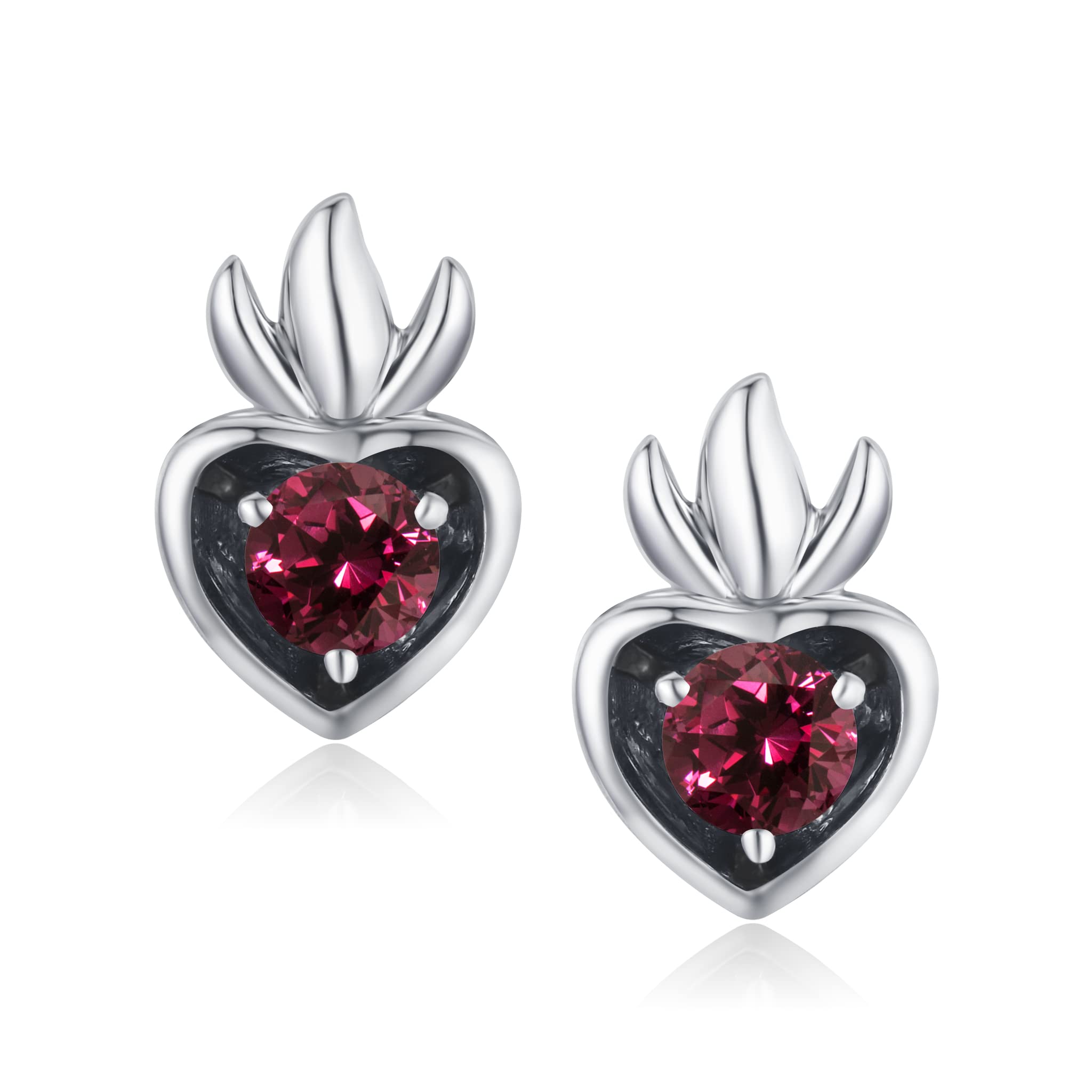 Rhodolite Garnet Heart Stud Earrings - 14K Gold Plated Dainty Stackable Small Earrings - January Birthstone Jewelry for Multiple Piercings - Minimalist Everyday Stacking Earrings for Women, Gift for Her, Valentine's Day, Anniversary