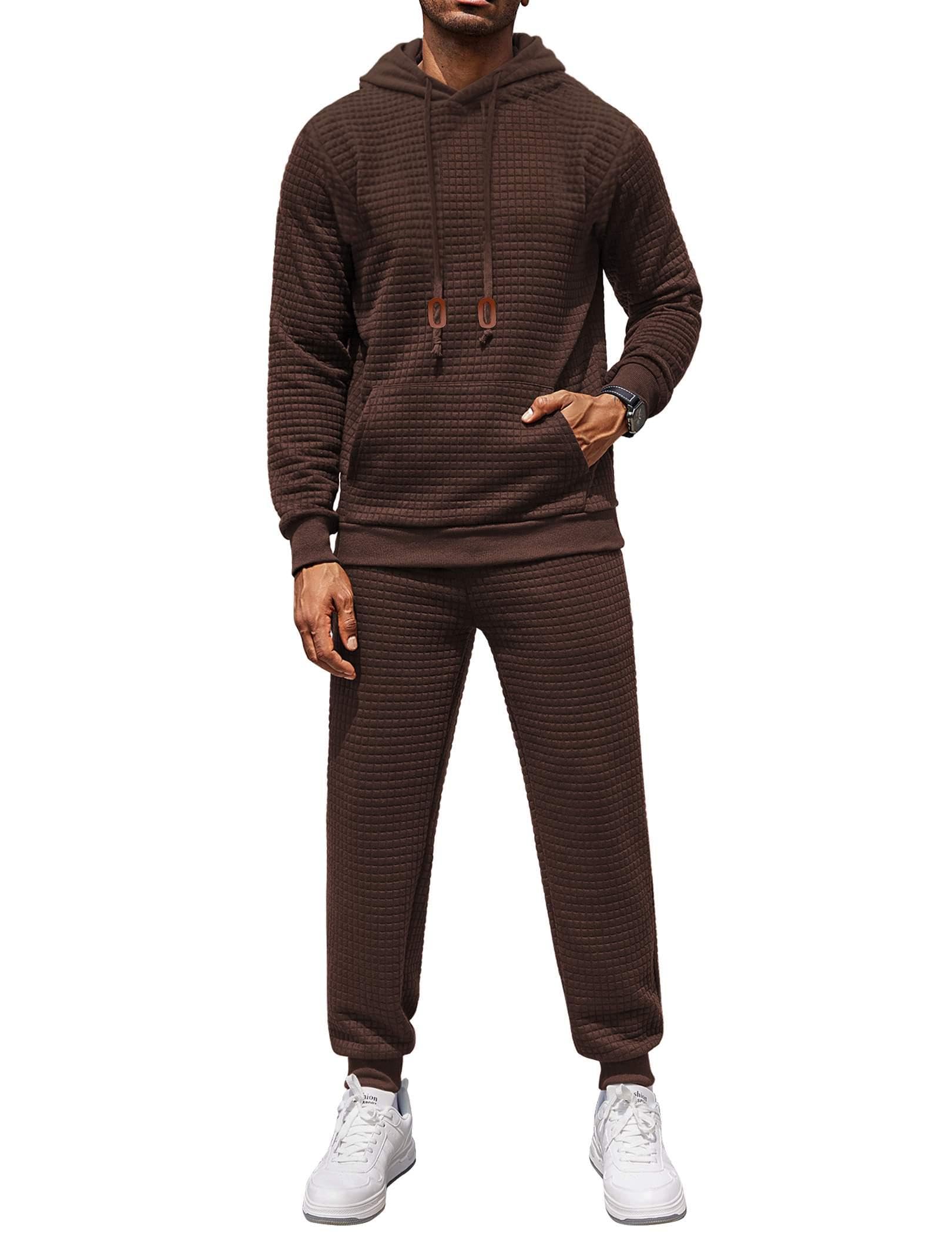 COOFANDY Men's 2 Piece Tracksuit Set - Hoodie & Joggers Waffle Plaid Jacquard Athletic Sweatsuit for Gym, Running & Casual Wear