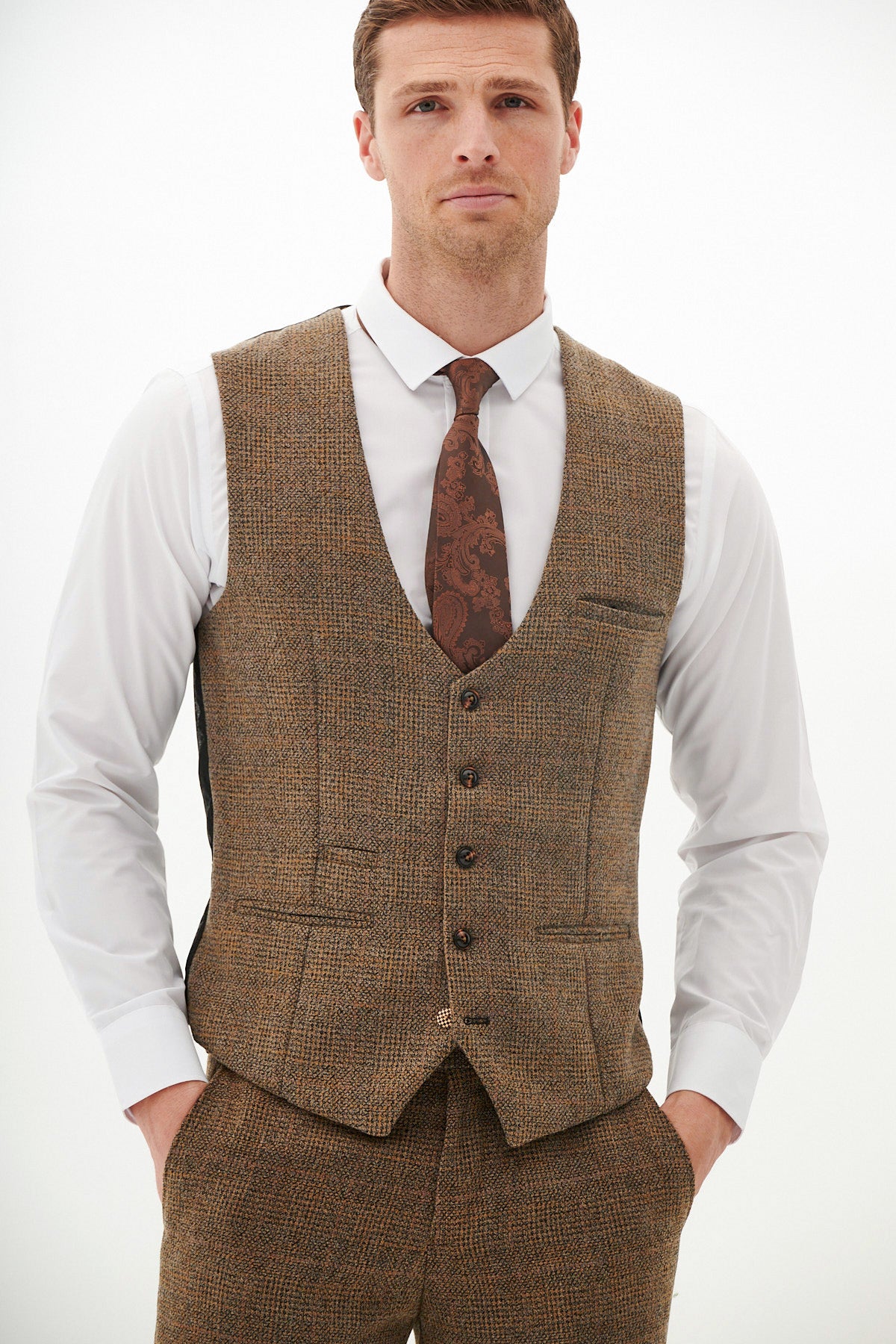 KRIS Tan Tweed Three Piece Suit for Men - Premium Wool Blend Formal Business Suit Set - Perfect for Office, Weddings & Special Occasions
