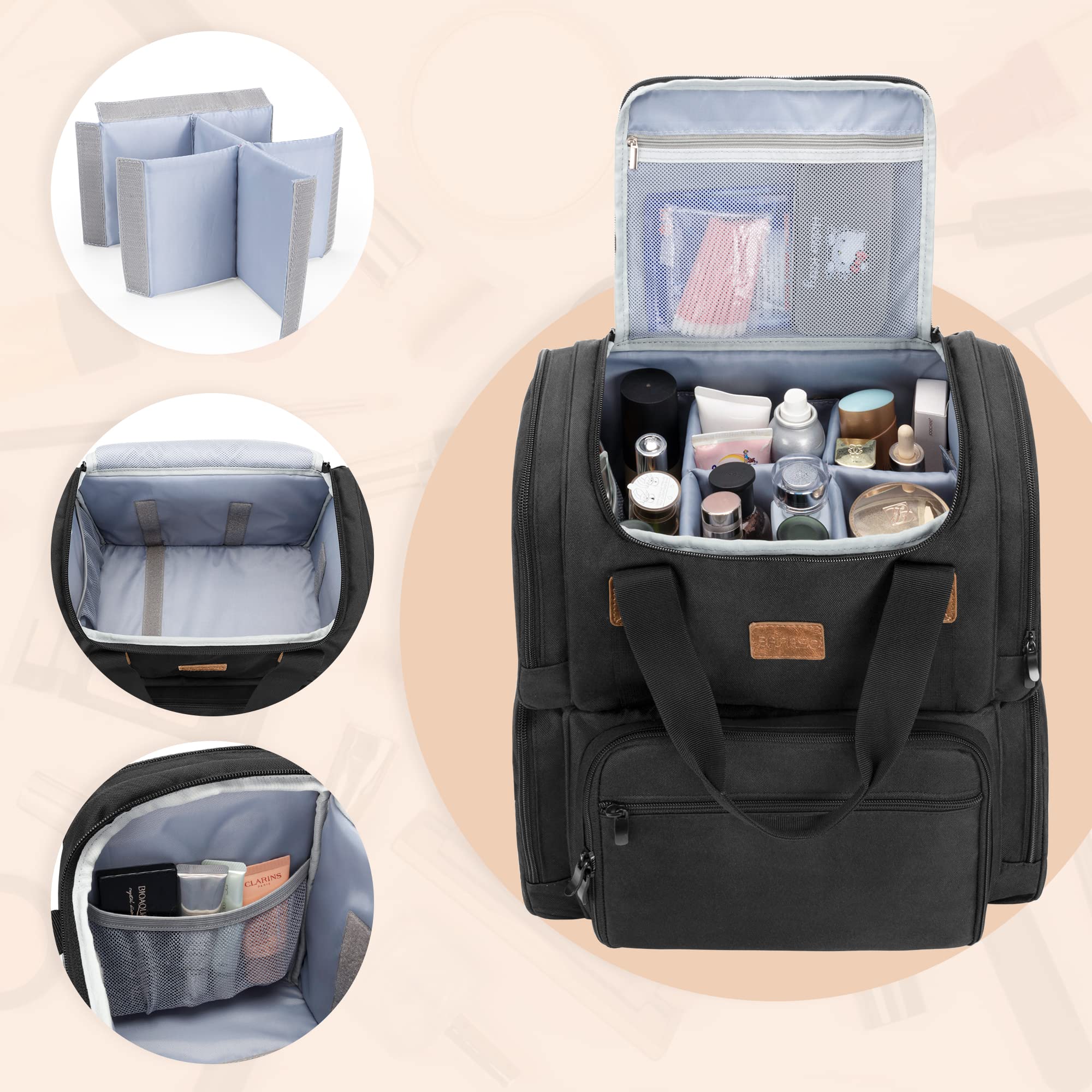 BAFASO Professional Makeup Backpack with 3 Removable Cosmetic Pouches - Large Travel Makeup Organizer with Multiple Pockets for Makeup Artists & Beauty Enthusiasts - Perfect for Salon, Travel & On-the-Go Makeup Storage (Black)