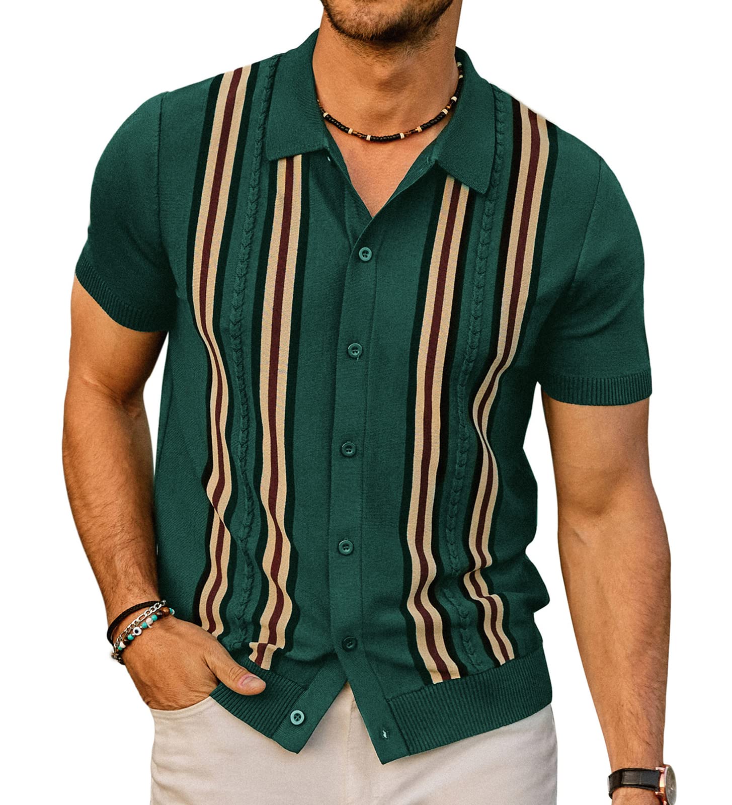 Vintage Striped Men's Polo Shirts - PJ PAUL JONES Button Down Knitted Golf Shirts for Casual Wear & Sports
