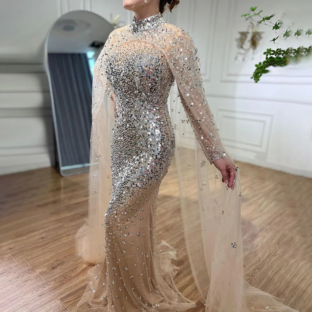 Serene Hill Luxury Muslim Gold Mermaid Evening Dress with Elegant Cape Sleeves & Beaded Details - Dubai Style Formal Gown for Women 2025 | Perfect for Weddings, Galas & Special Occasions