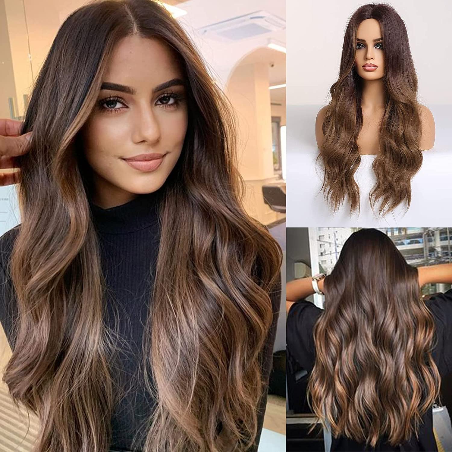 Long Ombre Brown Synthetic Curly Hair Wig for Women with Middle Parting - Perfect for Cosplay, Parties & Daily Styling