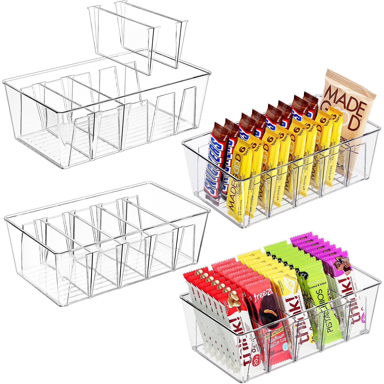 Puricon 4-Pack Clear Stackable Plastic Pantry Organizer Bins with Removable Dividers - 5-Compartment Kitchen Storage Containers for Snacks, Spices, Packets - Perfect for Fridge, Countertop & Cabinet Organization (Ideal for Pantry, Kitchen & Home Storage Solutions)