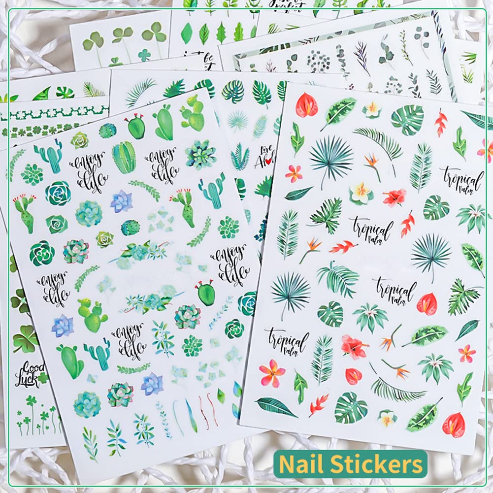 3D Self-Adhesive Nail Stickers - Tropical Green Plants, Palm Leaves & Cactus Designs for Manicure | DIY Nail Art Supplies & Accessories (9 Sheets) | Perfect for Summer Nail Decoration, Beach Vacations & Tropical Themed Parties