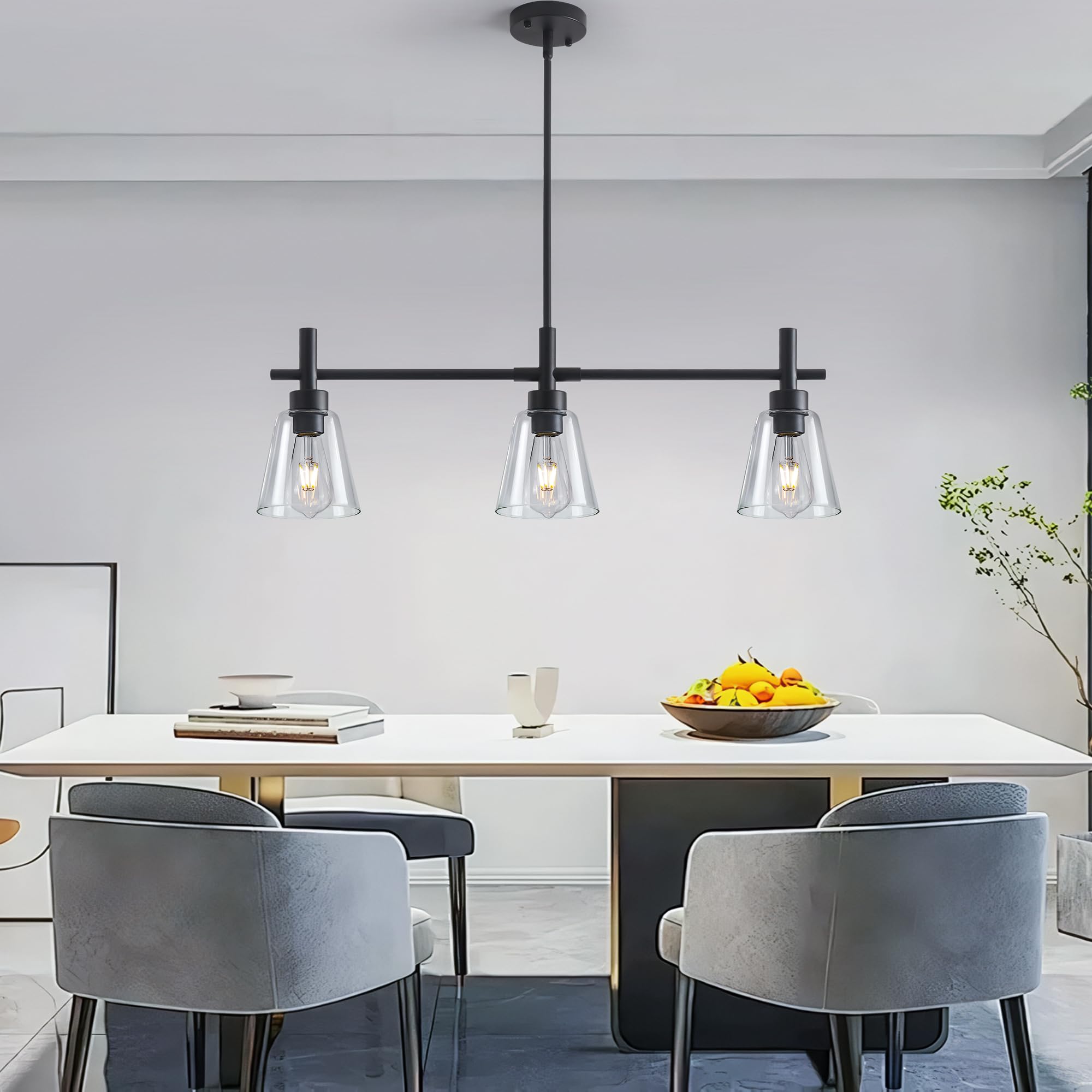 Modern Black Kitchen Island Lighting - 3-Light Adjustable Rectangle Linear Chandelier with Glass Shades, Farmhouse Pendant Light Fixture for Dining Room & Living Room - Perfect for Kitchen Counter, Breakfast Bar and Open Concept Spaces