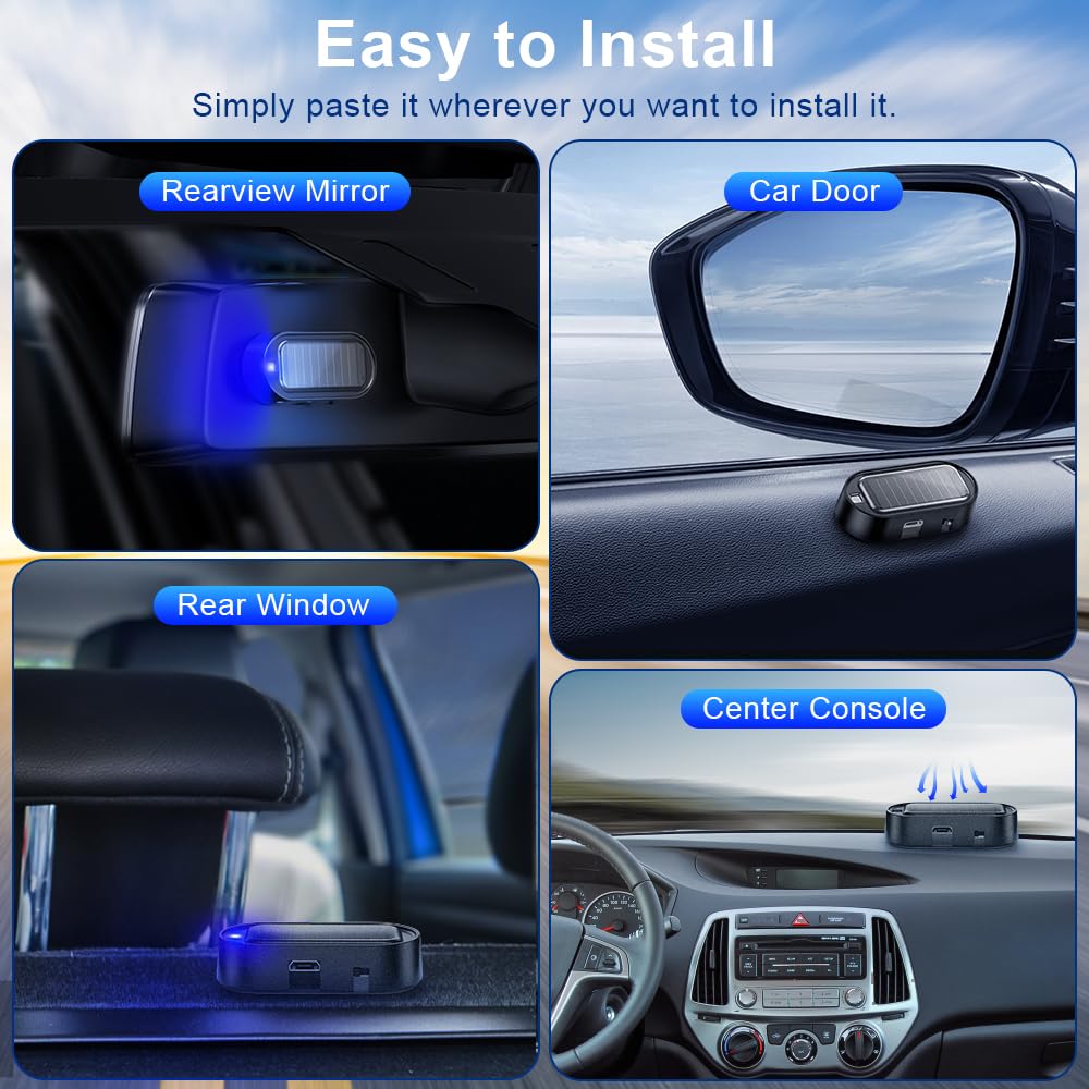 ELECTOP Solar Fake Car Alarm LED Light - Anti-Theft Security with USB Charging for Auto Safety (4PCS, Blue)