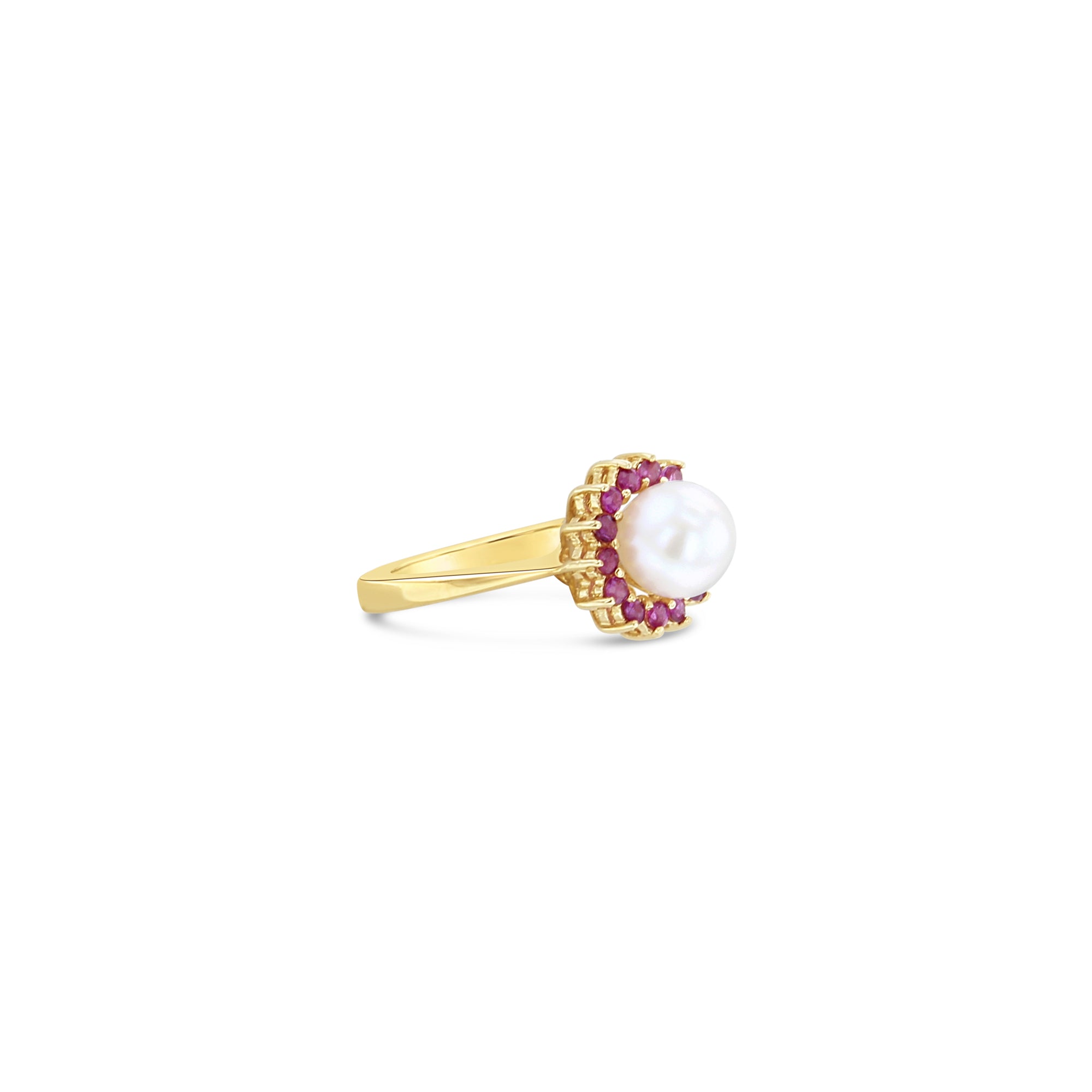 14K Yellow Gold Freshwater Pearl & Ruby Halo Ring - Elegant Bridal Jewelry, Anniversary Gift for Her, Perfect for Weddings & Special Occasions