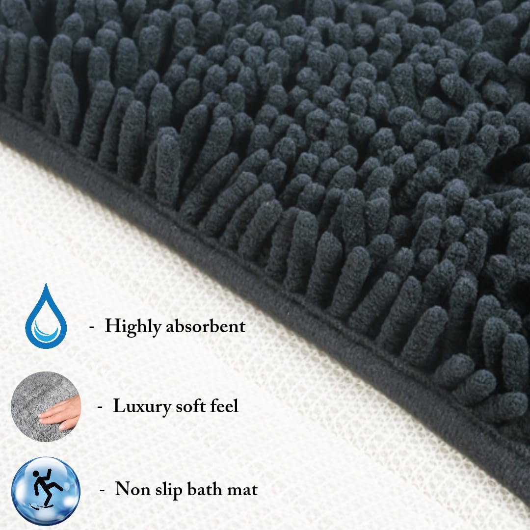 AIREEFAIREE Super Soft Chenille & Foam Bath Mat - Non-Slip, Washable Bathroom Rug for Shower, Toilet & Vanity - Black