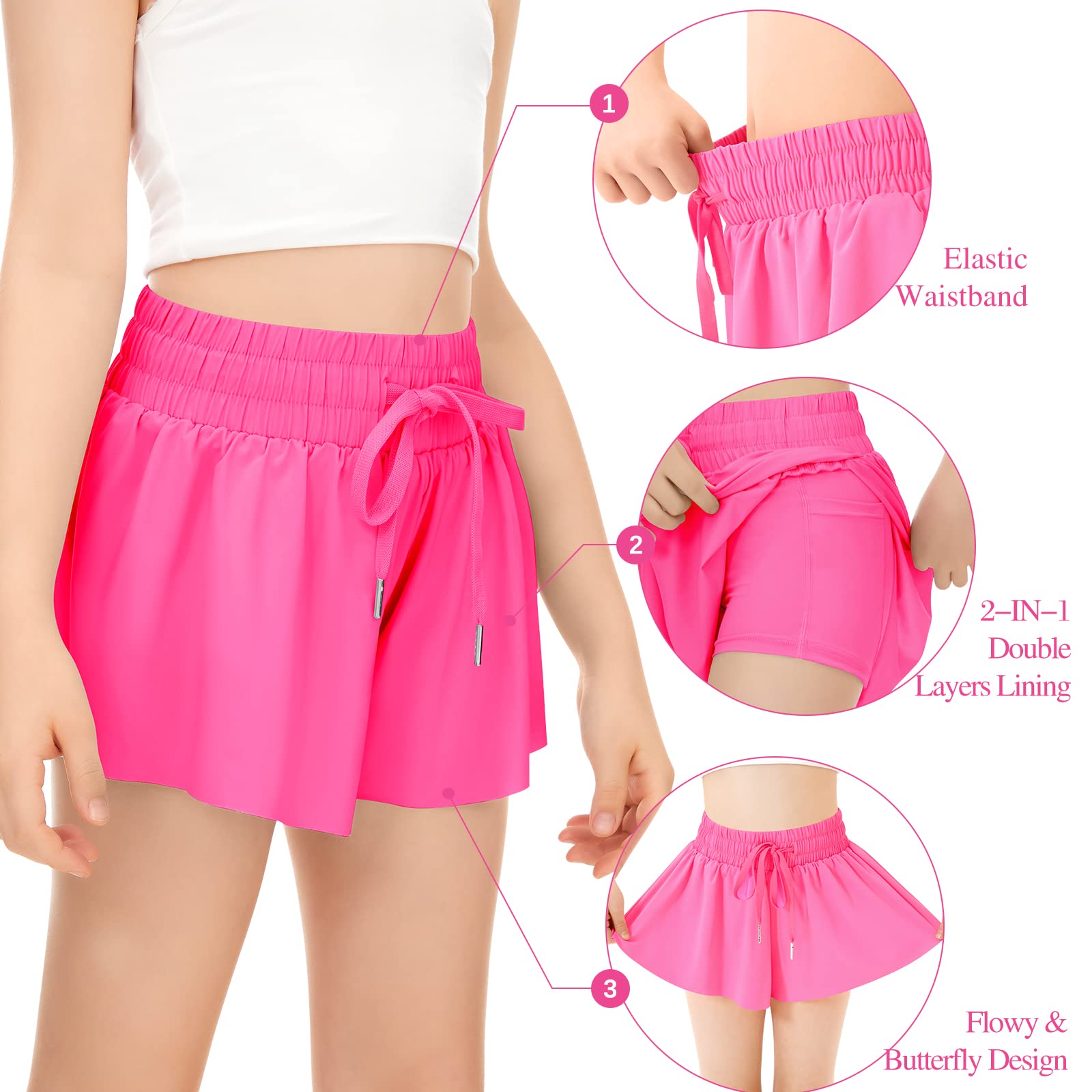 Girls Athletic Running Shorts with Pockets - 2-in-1 Butterfly Shorts for Teens & Youth | Breathable Spandex Workout Shorts for Sports, Gym & Casual Wear