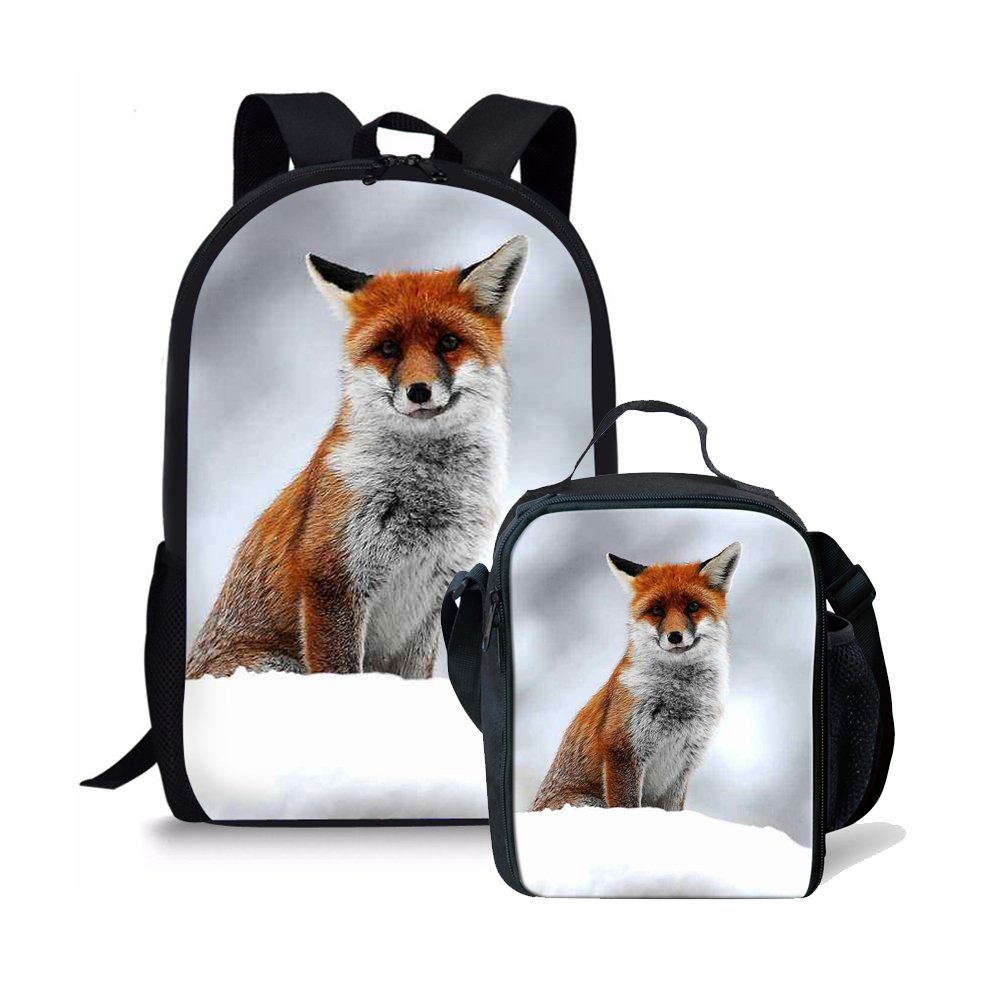 Dellukee Teens Backpack Set - Canvas School Backpack & Lunch Bag for Girls with Red Fox Print - Perfect for School, Travel & Daily Use