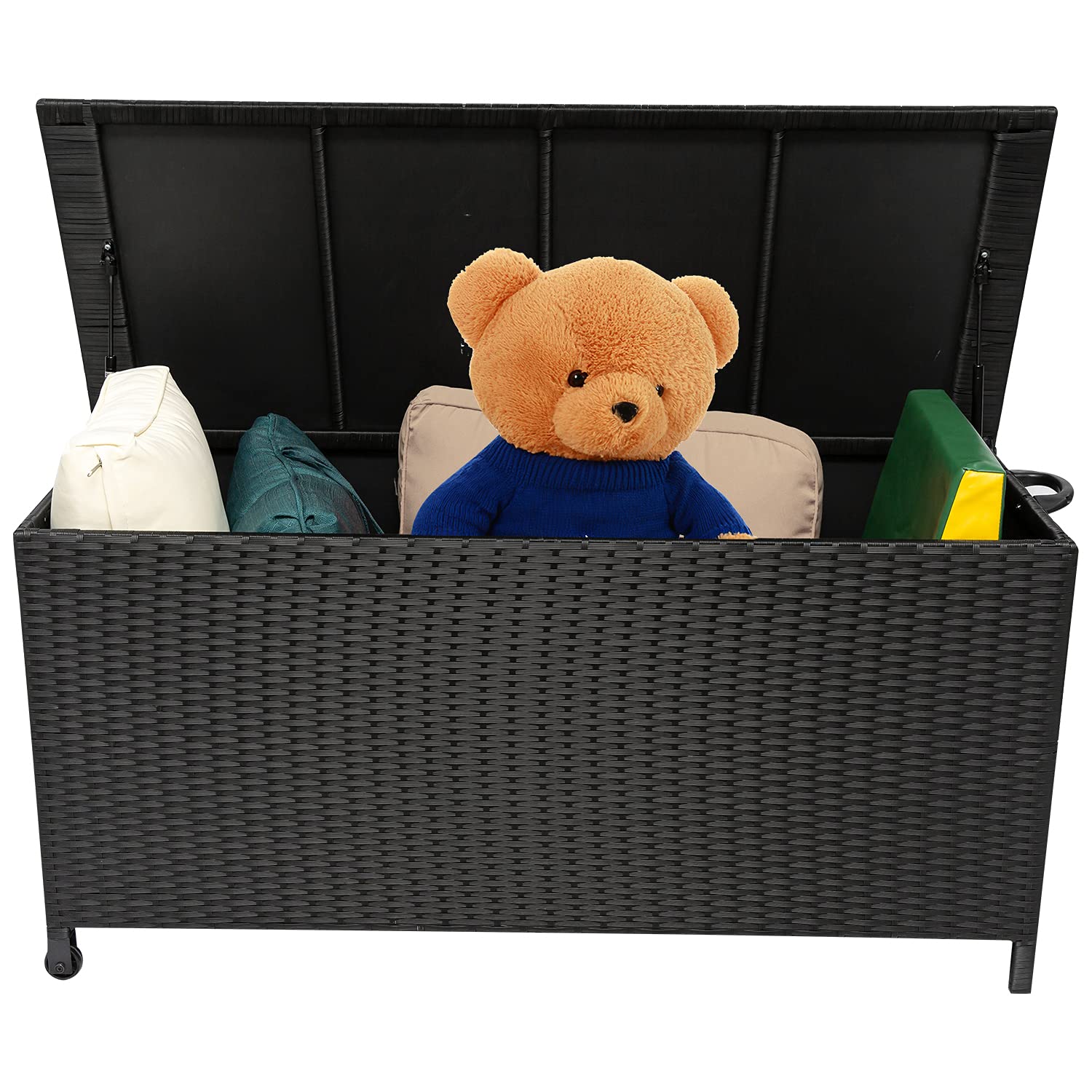 Large Capacity Outdoor Deck Box with Wheels & Handle - Rattan Wicker Woven Storage Container for Patio Furniture Cushions, Pool Toys, Garden Tools - Weatherproof Deck Storage Solution for Backyard, Poolside & Garden Organization (Black)