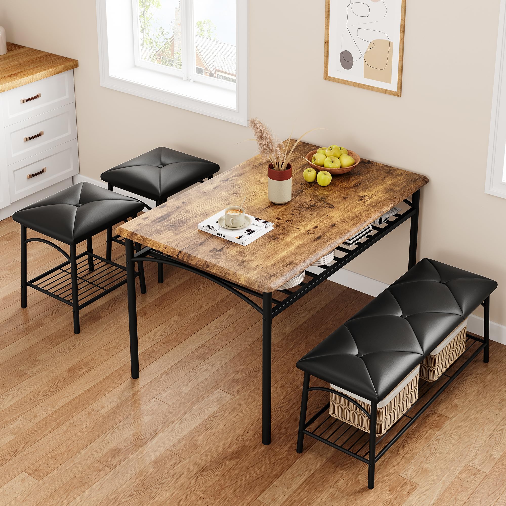 IDEALHOUSE 4-Piece Rustic Brown Dining Table Set with Upholstered Bench & Square Stools - Space Saving Kitchen Table for Small Apartments | Perfect for Breakfast Nooks, Compact Dining Areas & Cozy Family Meals