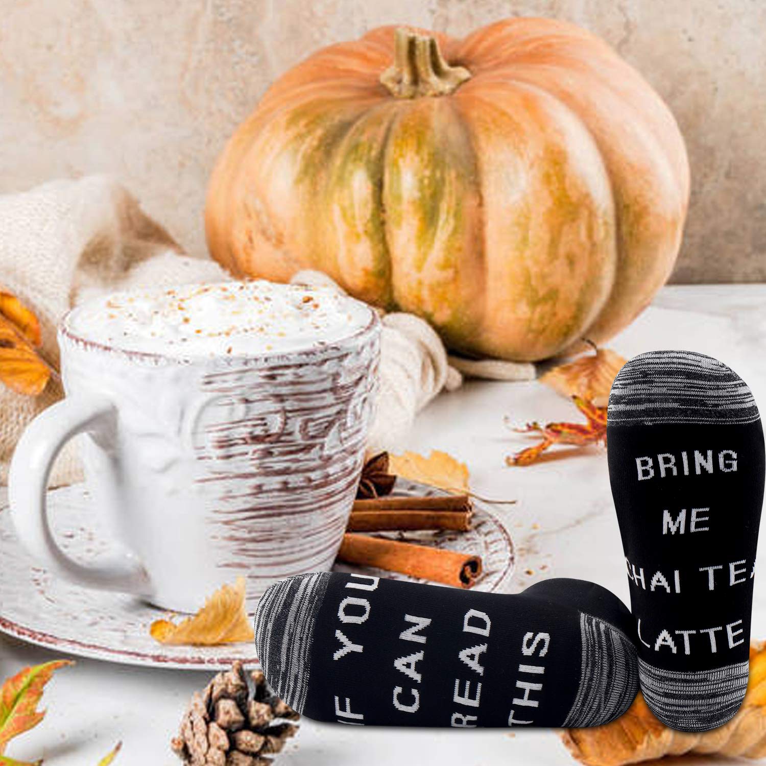 JXGZSO 2 Pairs Funny Novelty Socks - 'Bring Me a Chai Tea Latte' & 'Can Read This' Coffee Lover Gifts for Women & Men - Perfect for Tea Parties, Cozy Nights & Christmas Presents