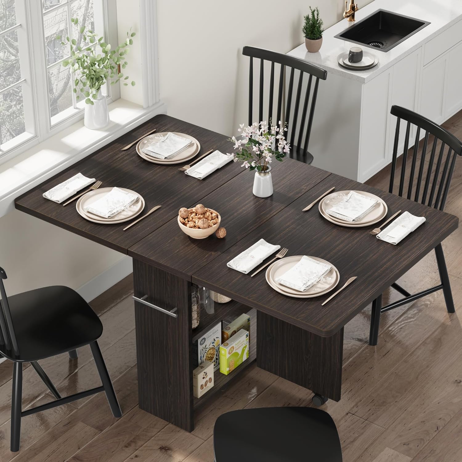 IDEALHOUSE Folding Dining Table with Drop Leaf, 6 Wheels & 2-Tier Storage Shelf - Space Saving Kitchen Table for Small Spaces, Compact Apartment & RV (Dark Walnut, 47.2