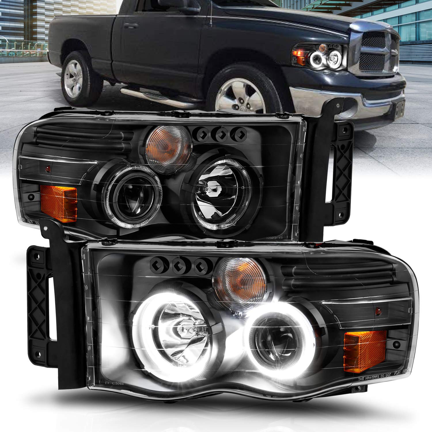 AmeriLite Black Dual LED Halo Rings Projector Headlights Replacement Pair for 2002-2005 Dodge RAM 1500 2500 3500 Truck - Driver & Passenger Side | High Visibility Night Driving & Off-Road Use