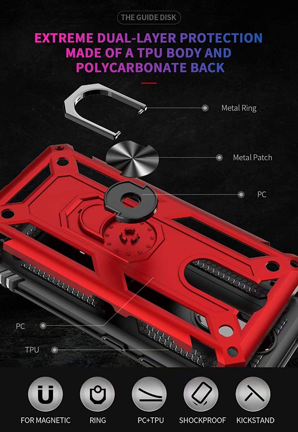 TJS Heavy Duty Magnetic Phone Case for LG Stylo 5/5 Plus/5V/5X - Defender Metal Ring with Kickstand (Red) | Perfect for Outdoor Activities, Work & Travel Protection