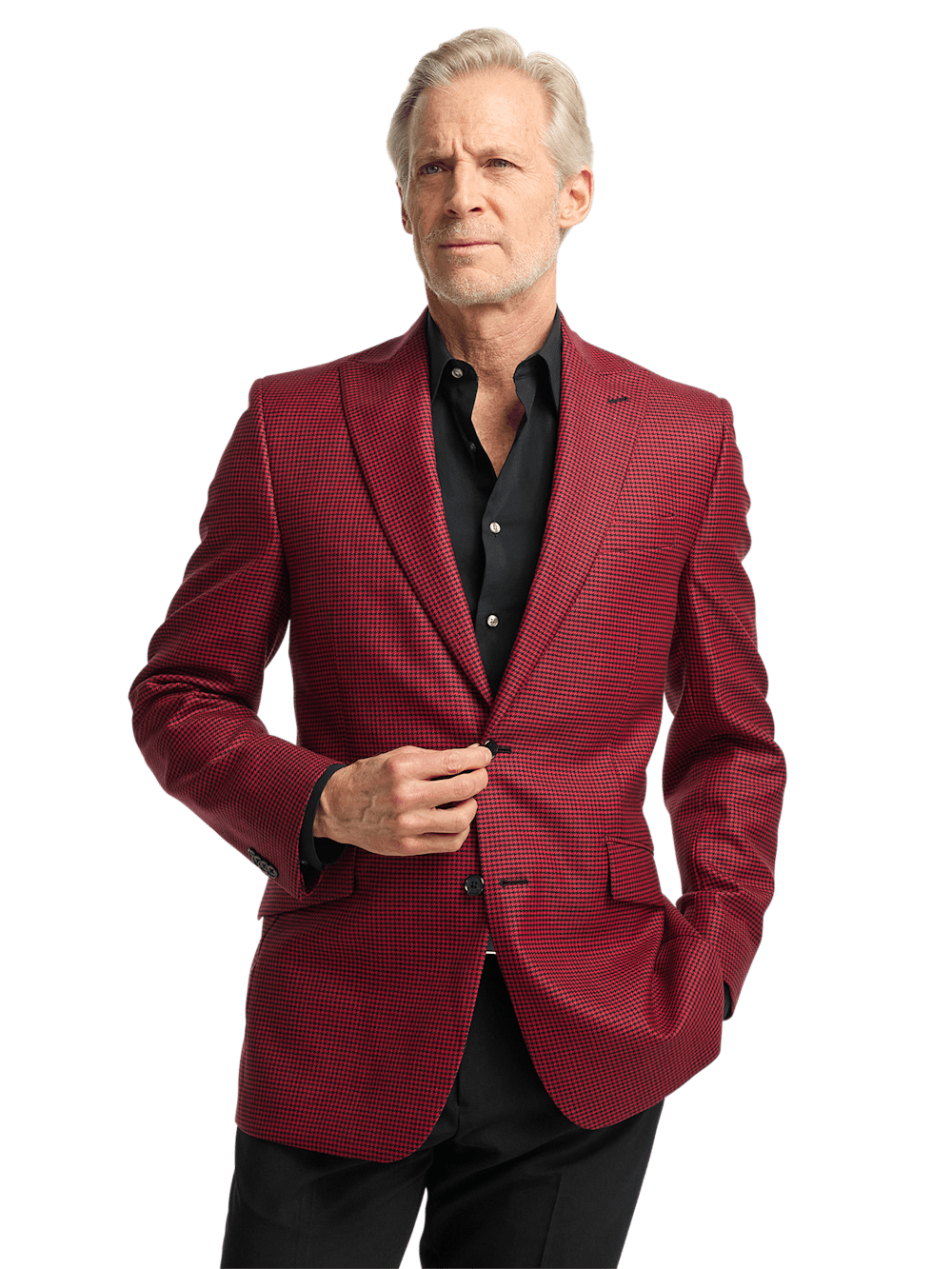 Premium Wool Houndstooth Single-Breasted Peak Lapel Blazer for Men - Classic Black/Red Checkered Pattern | Formal Business Attire & Special Occasion Wear