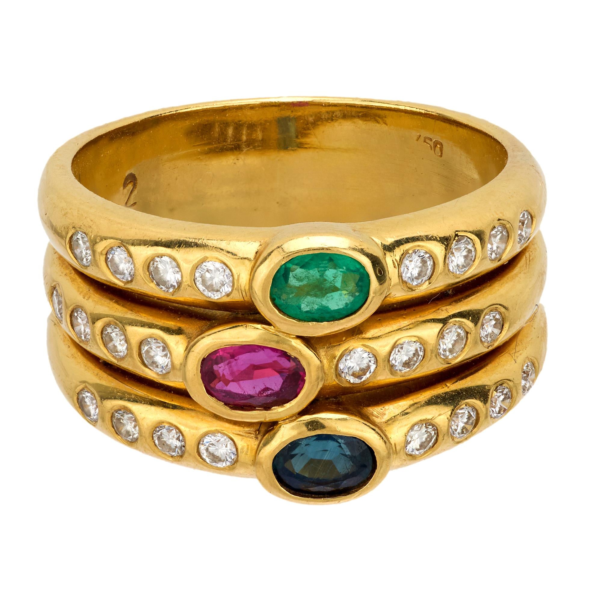 Vintage 18K Yellow Gold Triple Band Ring with Genuine Gemstones & Diamonds - Elegant Jewelry for Weddings, Anniversaries & Special Occasions