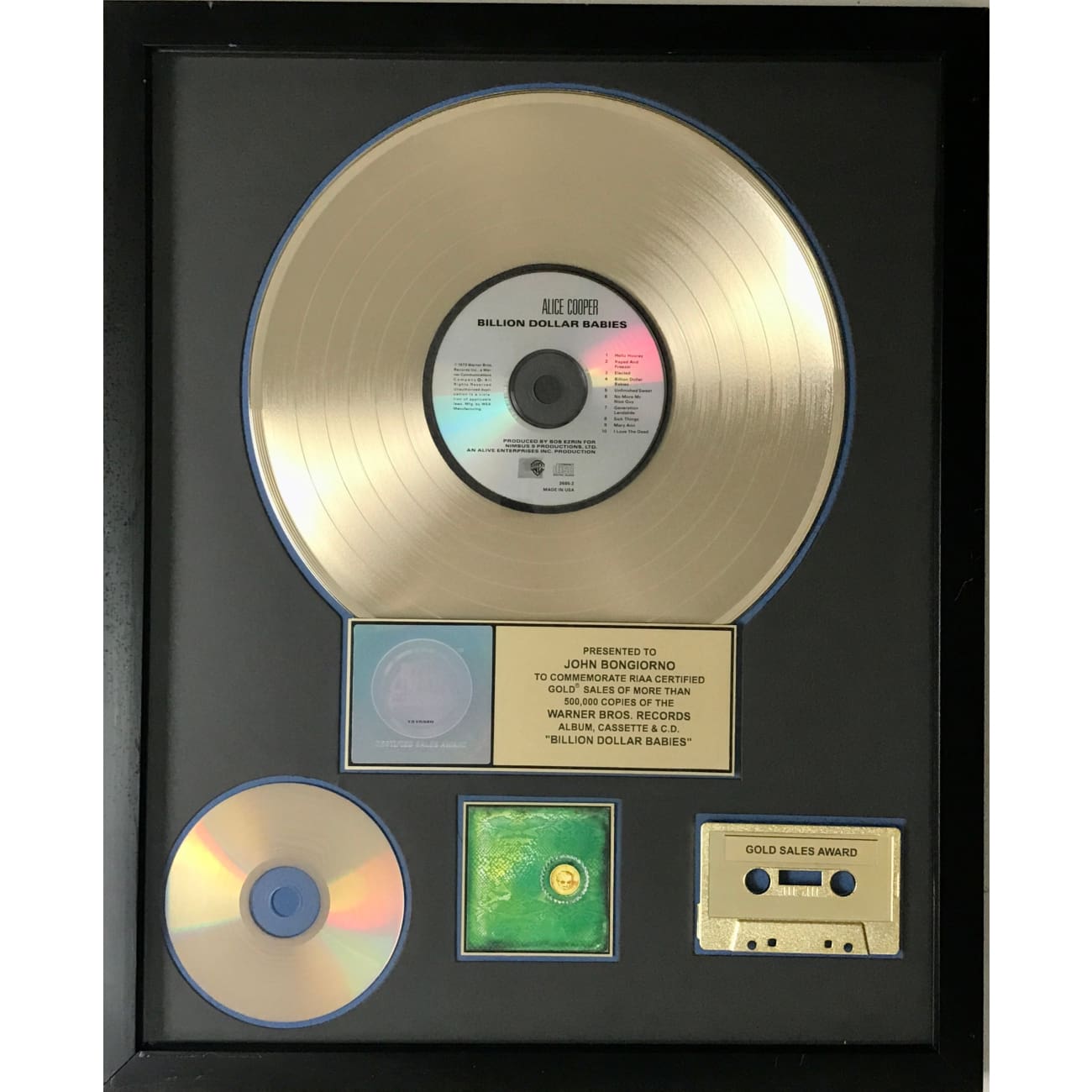 Alice Cooper Billion Dollar Babies RIAA Gold Album Award - Vintage Music Collectible for Fans & Home Decor