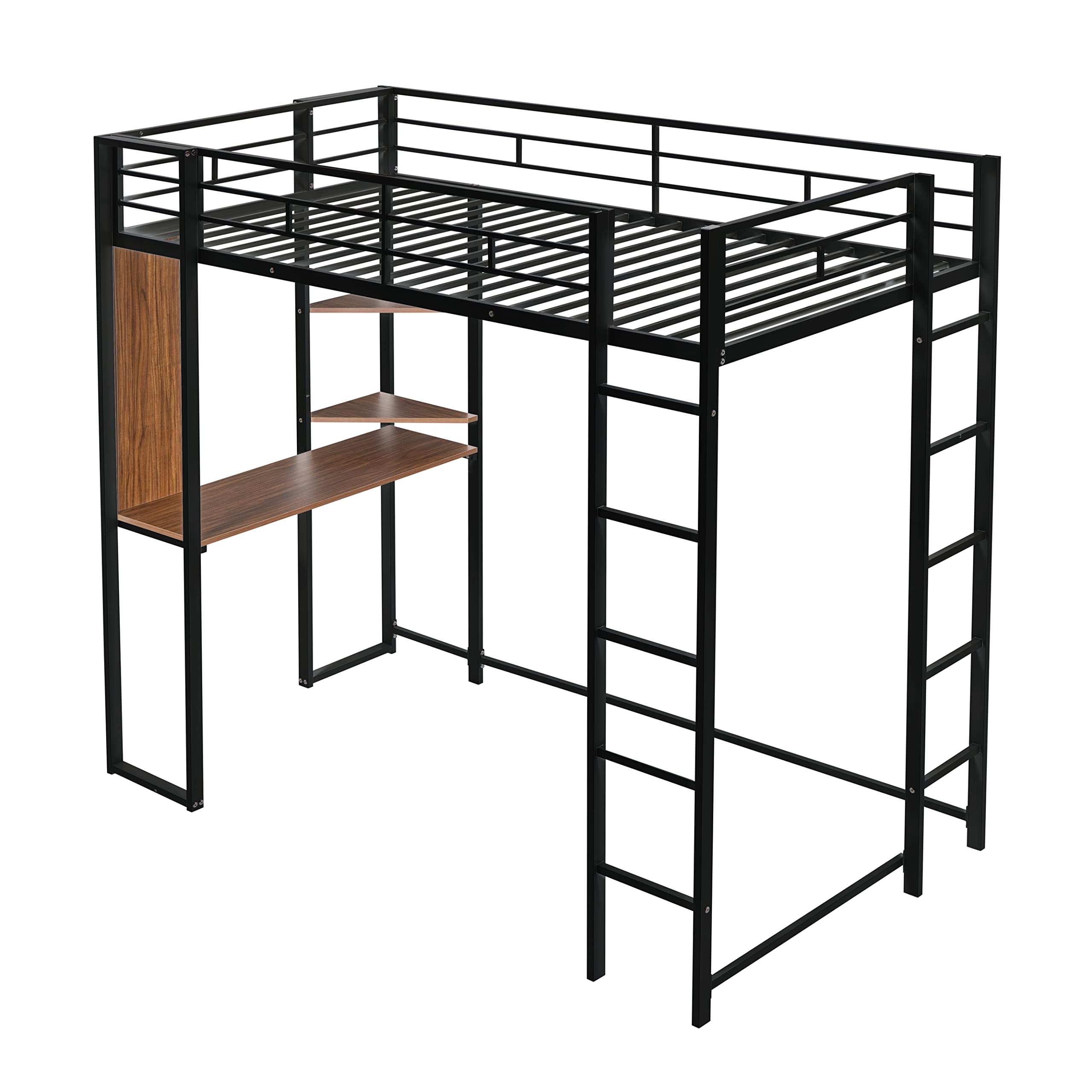 Harper & Bright Designs Twin Loft Bed with Desk & 2 Storage Shelves - Metal High Loft Bed Frame for Teens & Adults - Space Saving Study & Sleep Solution for Small Rooms (Twin Size, Black)