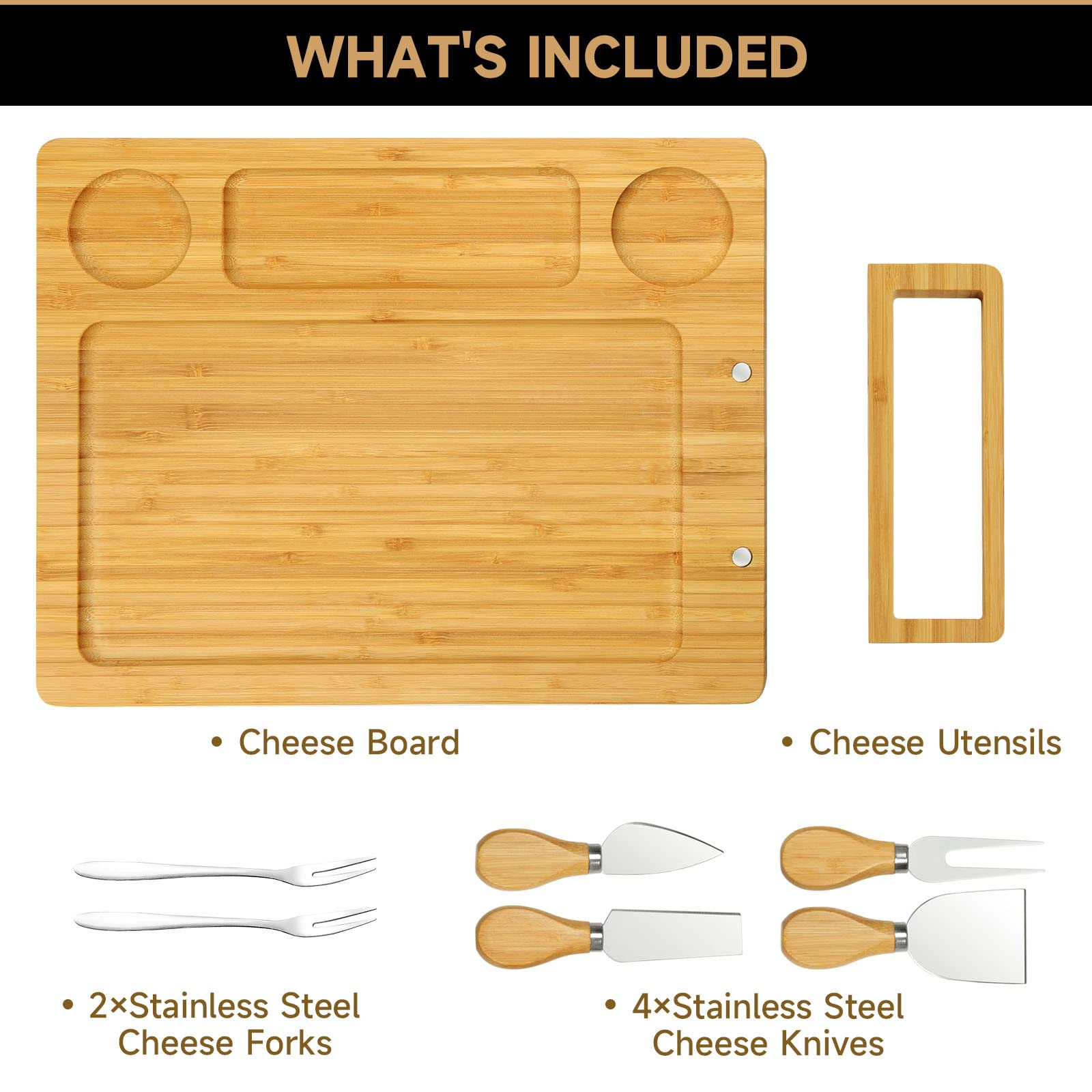 Premium Bamboo Charcuterie Board Set with 4 Stainless Steel Cheese Knives - Elegant Wooden Serving Tray for Cheese, Charcuterie, Fruits & Appetizers - Perfect Housewarming, Christmas, Bridal Shower & Wedding Gift Idea - Great for Entertaining, Parties & Holiday Gatherings