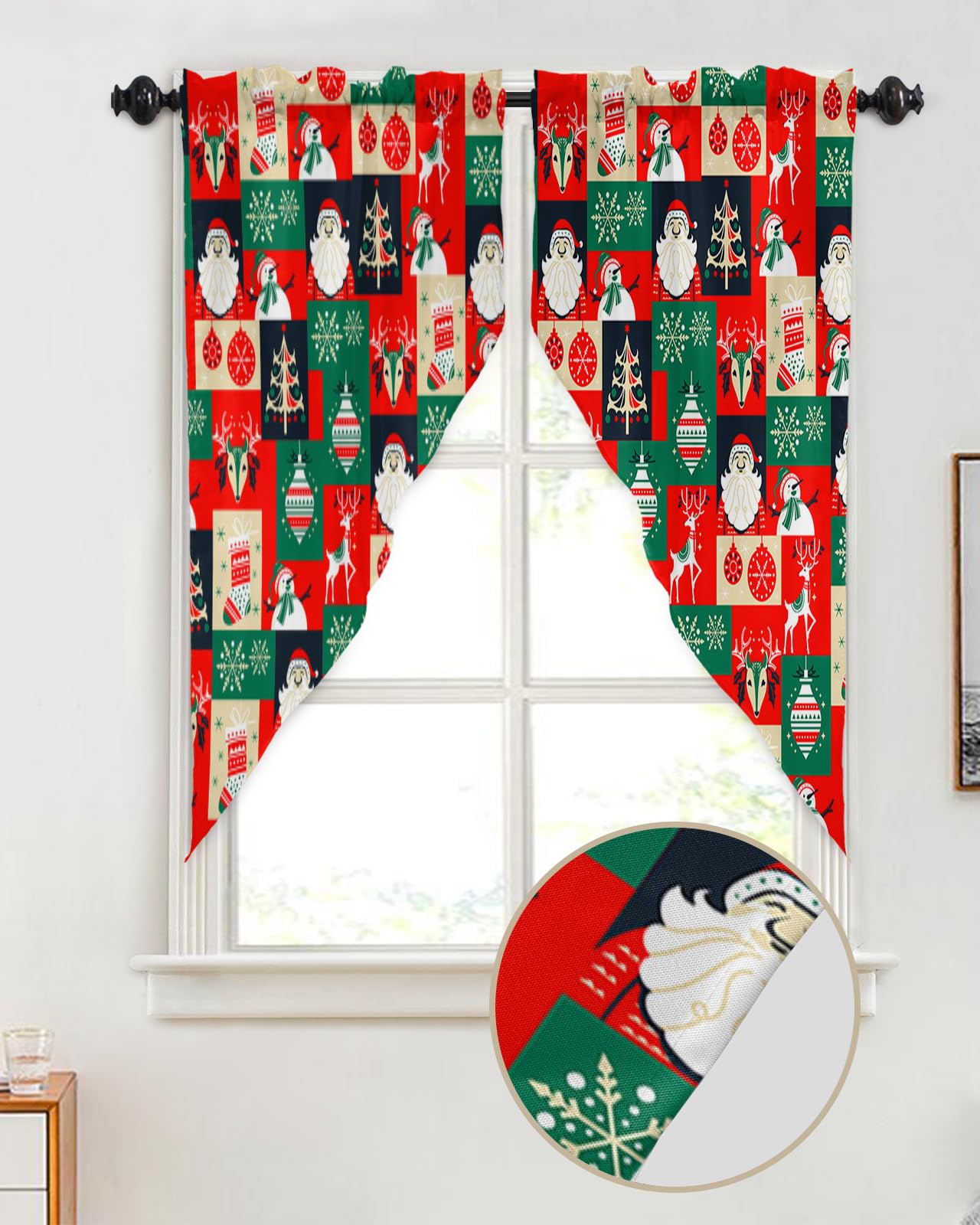 QueenKer Christmas Swag Valance Curtains - Patchwork Snowman Design Rod Pocket Window Topper for Living Room, Kitchen & Bathroom (72