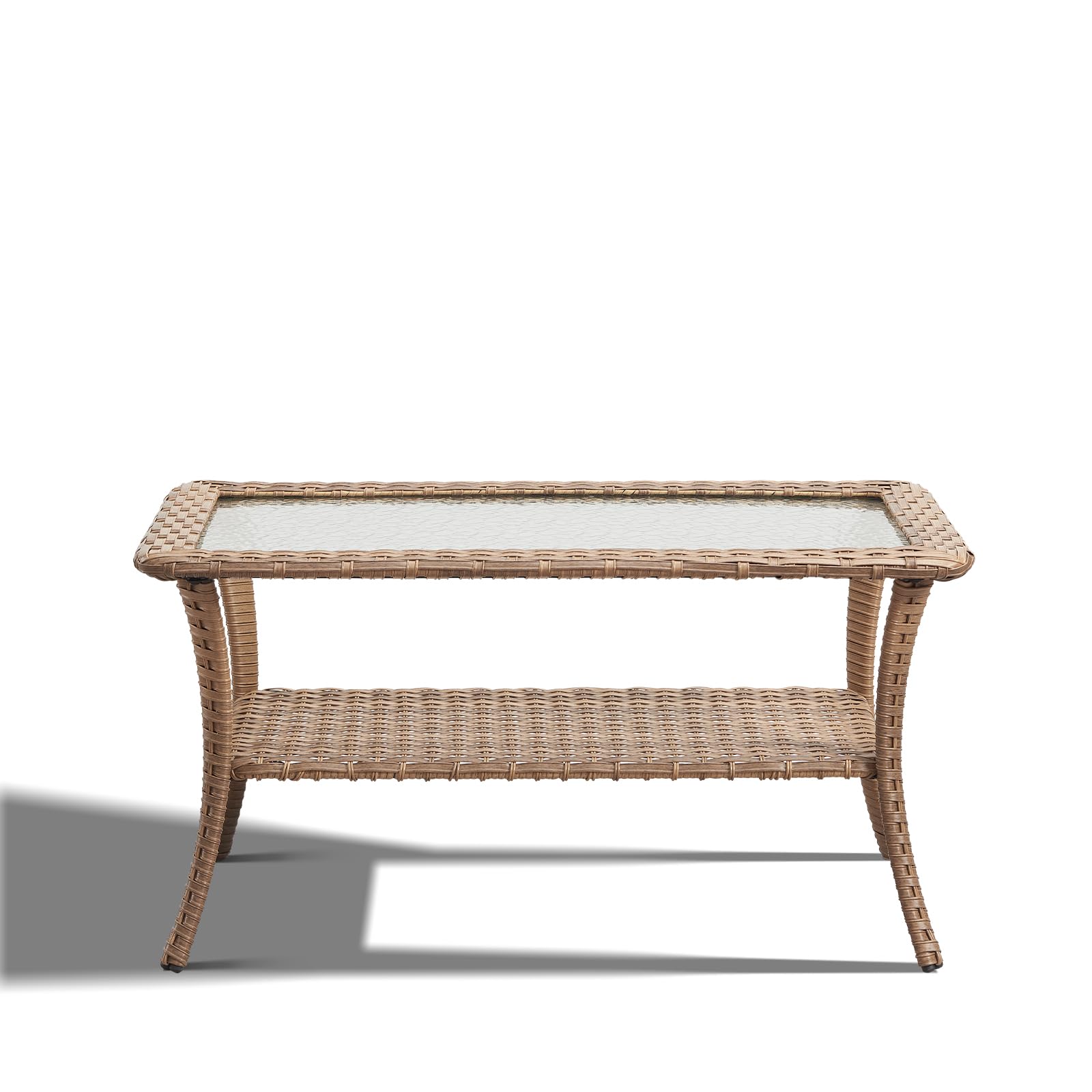 Outdoor Coffee Table - Rattan Wicker Patio Table with Tempered Glass Top & 2-Tier Storage for Deck, Porch, Balcony, Garden - Yellow | Perfect for Outdoor Lounging, Entertaining & Small Space Storage