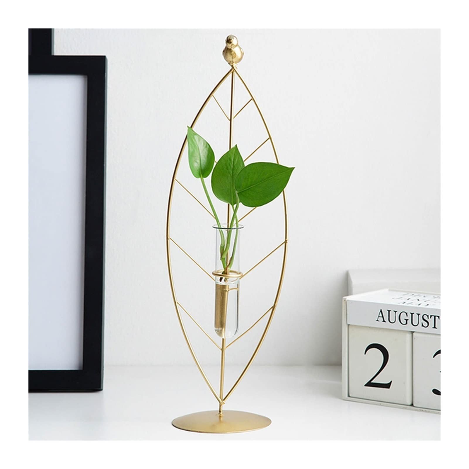 Modern Geometric Glass Flower Vase with Metal Stand - Desktop Planter for Indoor Plants, Hydroponics, Home & Office Decor - Perfect for Weddings, Living Rooms, and Garden Centerpieces