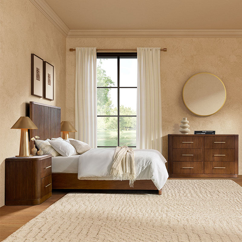 Modern Fluted Solid Wood Bedroom Set with Oak Texture - 4 Piece Bed Frame, Nightstand, Dresser & Mirror for Cozy Master Bedroom Decor