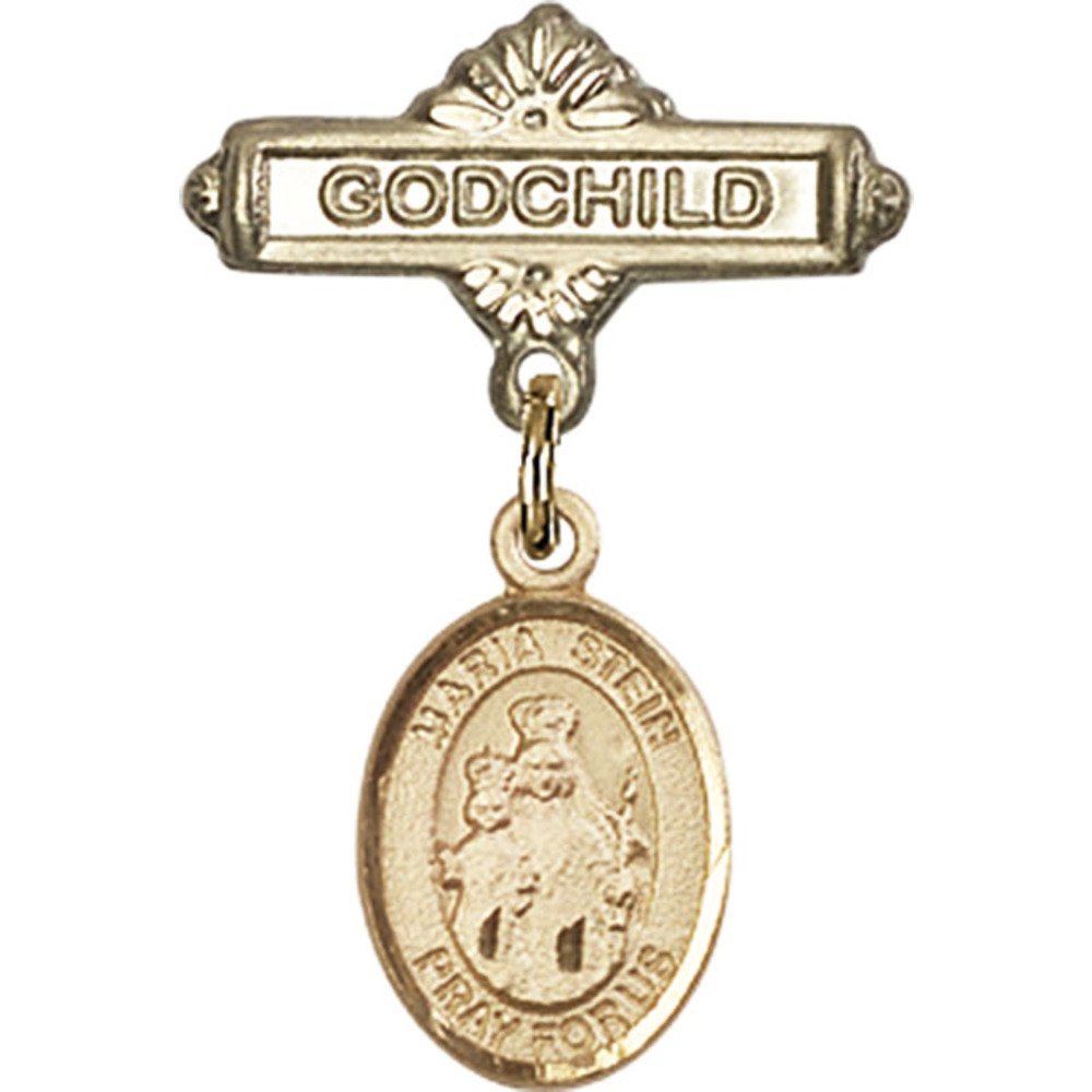 Bonyak Jewelry Gold Filled Saint Medal Charm - Virgin Mary & Godchild Religious Pin (1 x 5/8 Inch) for Baptism, First Communion & Spiritual Gifts