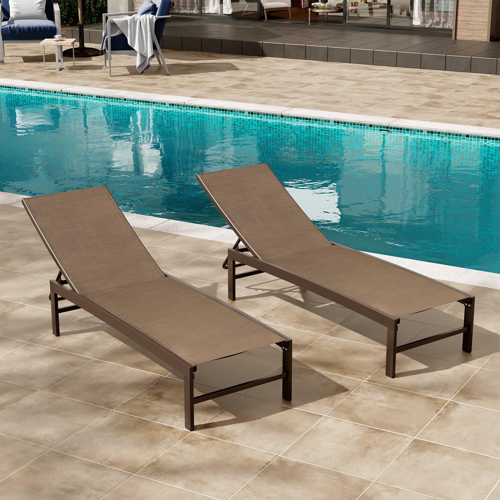 Crestlive 2-Piece Outdoor Aluminum Pool Chaise Lounge Chairs Set - Adjustable 5-Position Tanning Recliner - All-Weather Patio, Beach, Yard & Pool Furniture (Brown) - Perfect for Sunbathing, Relaxing by the Pool or Backyard Lounging