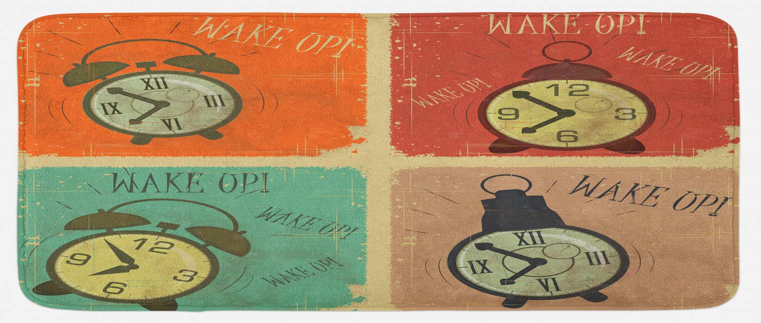 Ambesonne Vintage Alarm Clock Non-Slip Kitchen Mat - 47x19 Inch Plush Retro Decor Rug with Anti-Skid Backing, Multicolor Grunge Design for Floor Protection & Home Decoration - Perfect for Kitchens, Entryways, and Laundry Rooms