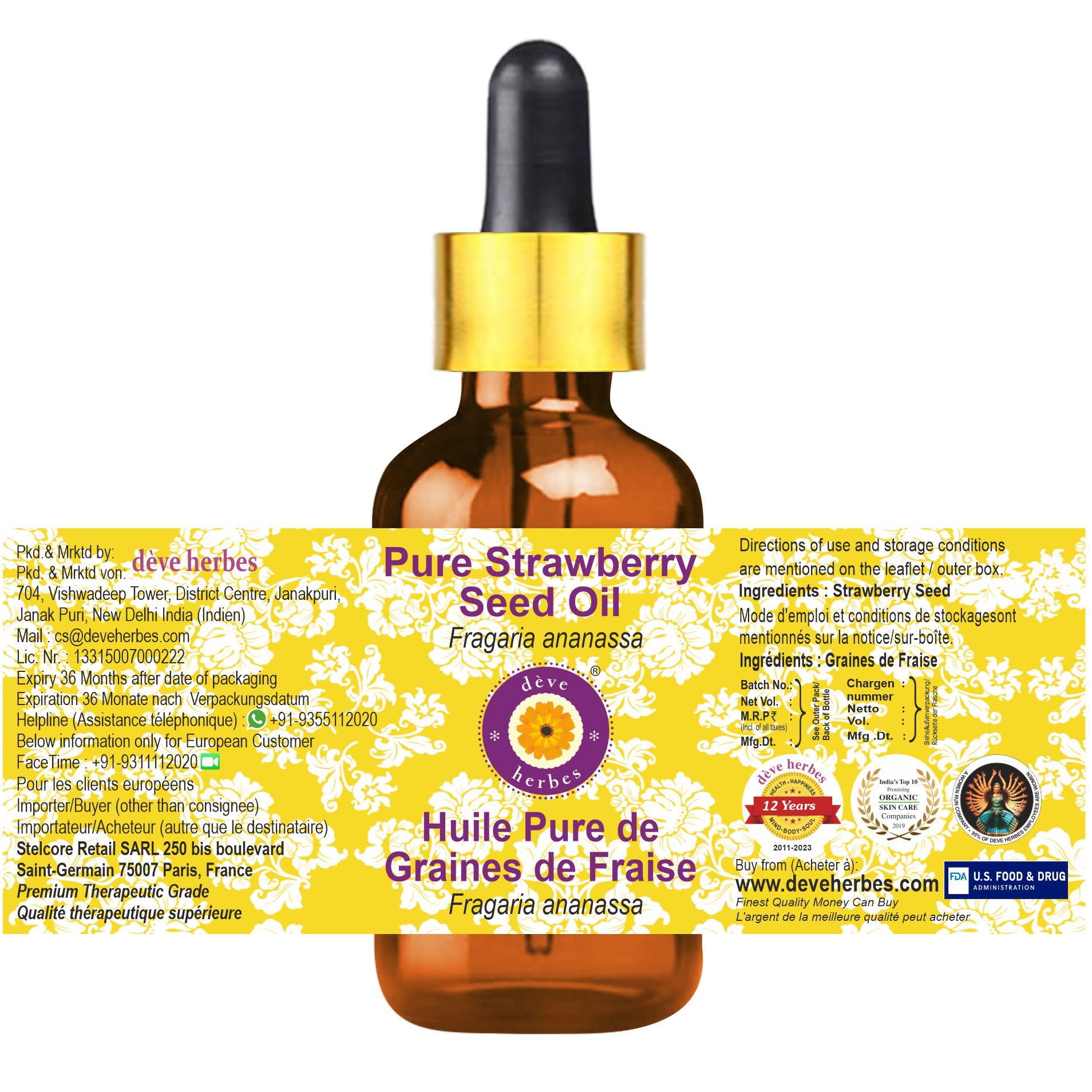 Pure Strawberry Seed Oil (Fragaria Ananassa) - 5ml Natural Therapeutic Grade with Glass Dropper for Skin Care & Aromatherapy