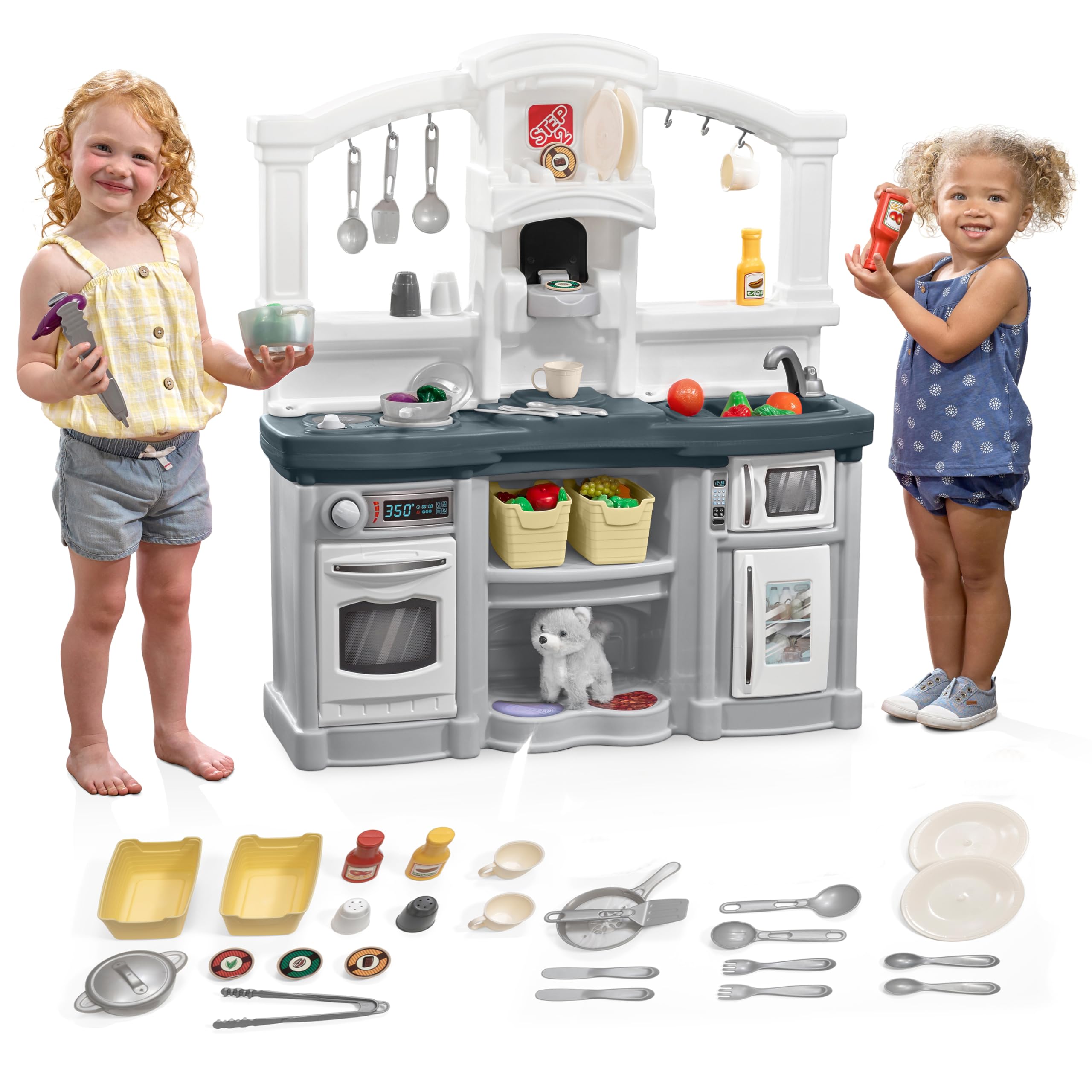Step2 Fun with Friends Kids Kitchen Playset - Interactive Indoor/Outdoor Play Kitchen with Lights & Sounds | 25-Piece Toy Accessories | Durable Plastic for Toddlers 2+ Years (Gray) - Perfect for Pretend Play, Birthday Gifts & Early Learning Development