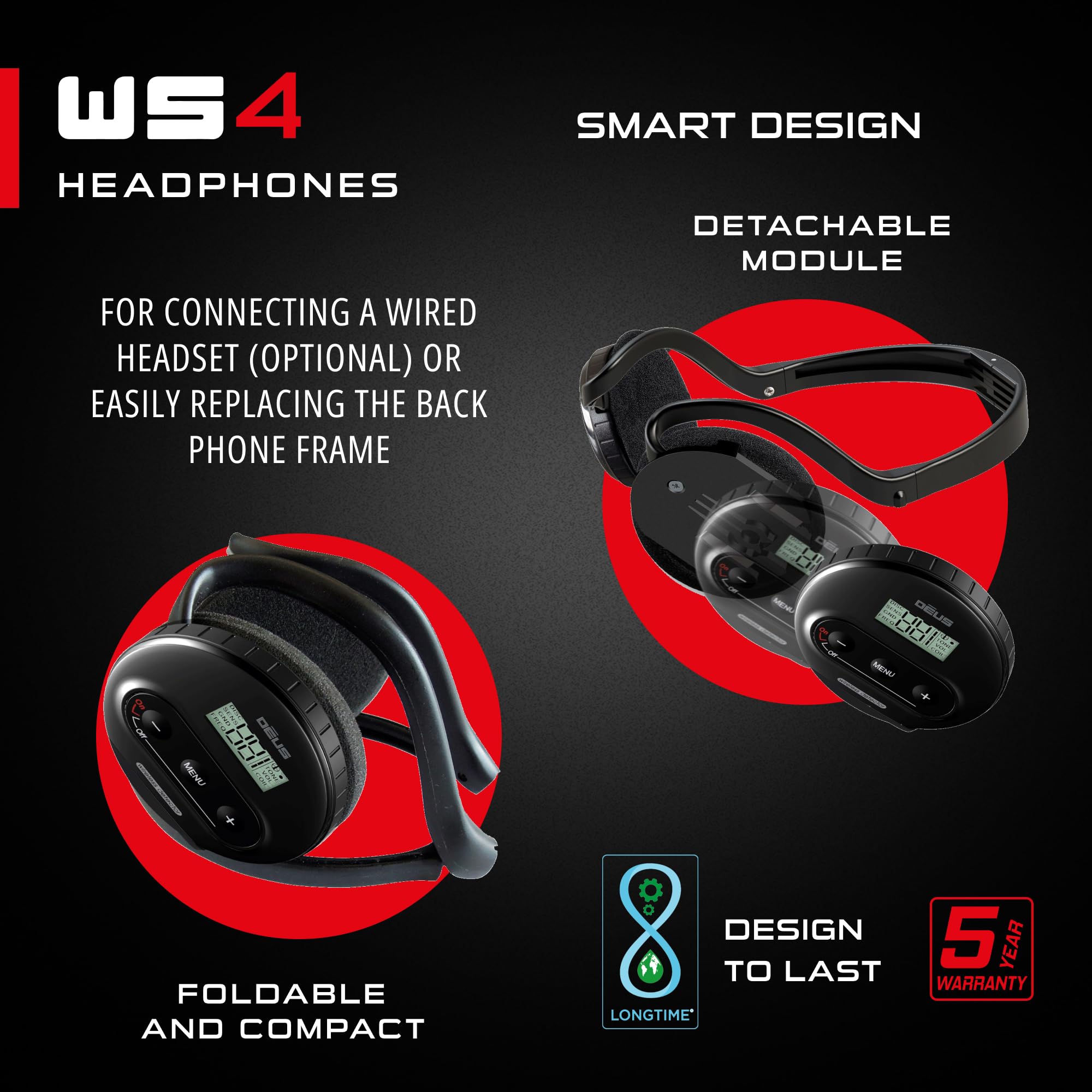XP WS4 Wireless Headphones for Deus Metal Detector - Waterproof, Foldable & Lightweight Detecting Headset with Detachable Module | Perfect for Beach Hunting, Gold Prospecting & Outdoor Treasure Hunting (D09)