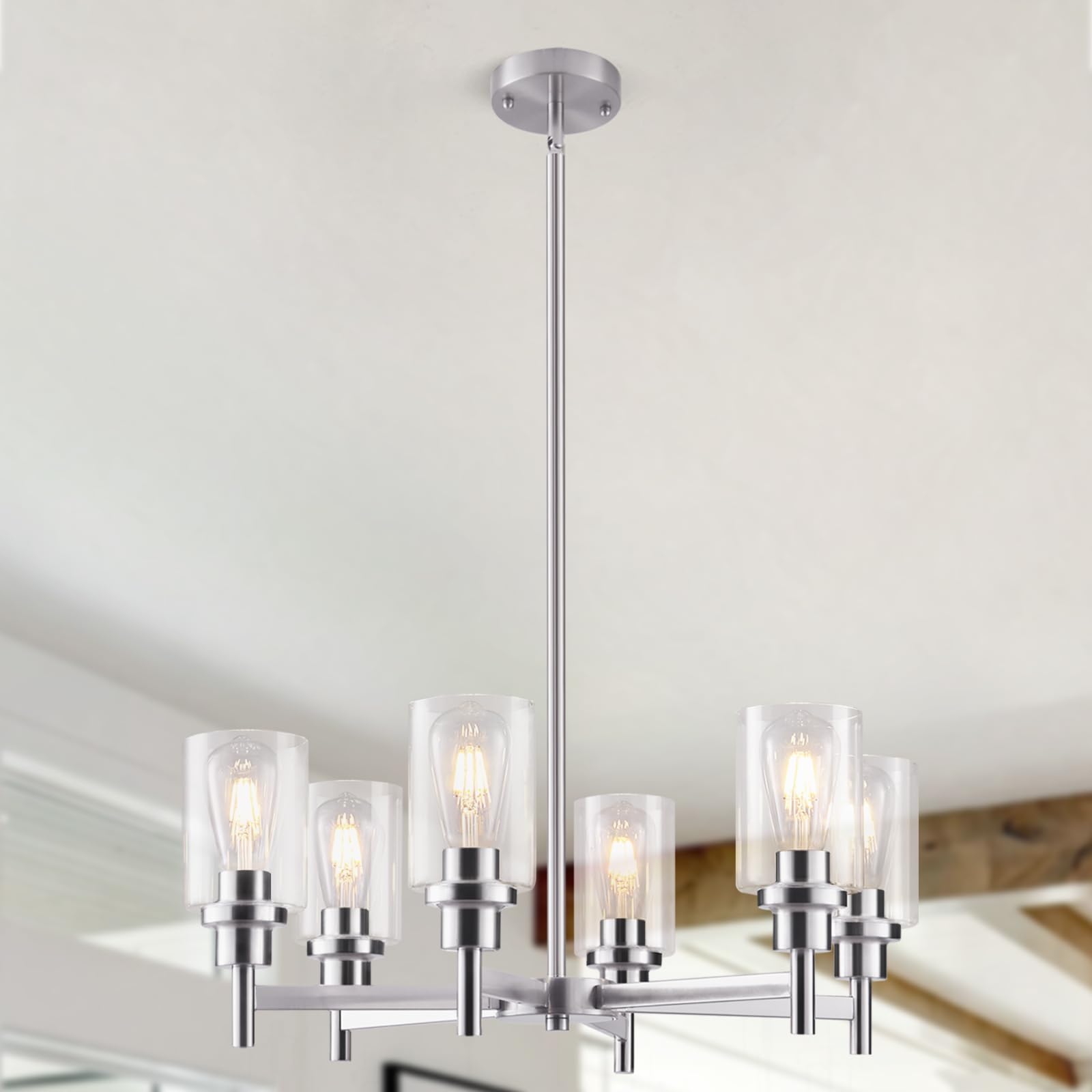 6-Light Brushed Nickel Chandelier - Modern Farmhouse Pendant Ceiling Light with Glass Shade for Dining Room, Kitchen Island, Foyer & Hallway | Perfect for Rustic, Contemporary & Transitional Home Decor