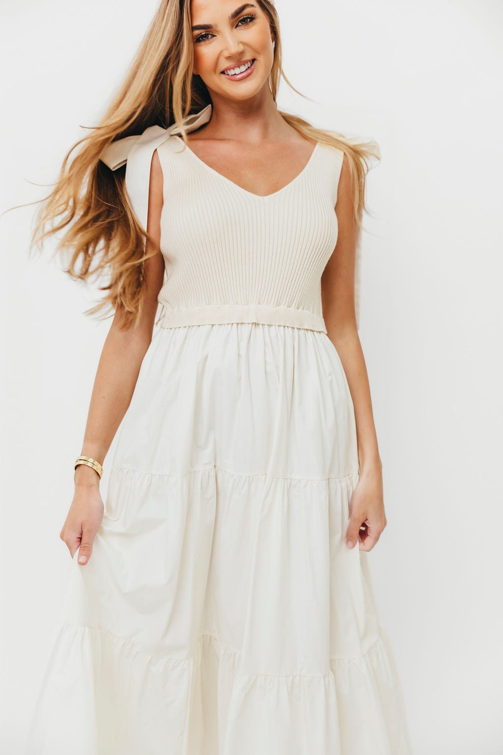Gretchen 100% Cotton Knitted Sleeveless Tiered Maxi Dress in Cream | Summer Beach Wedding Dress, Boho Chic Maternity Dress, Casual Sundress for Women