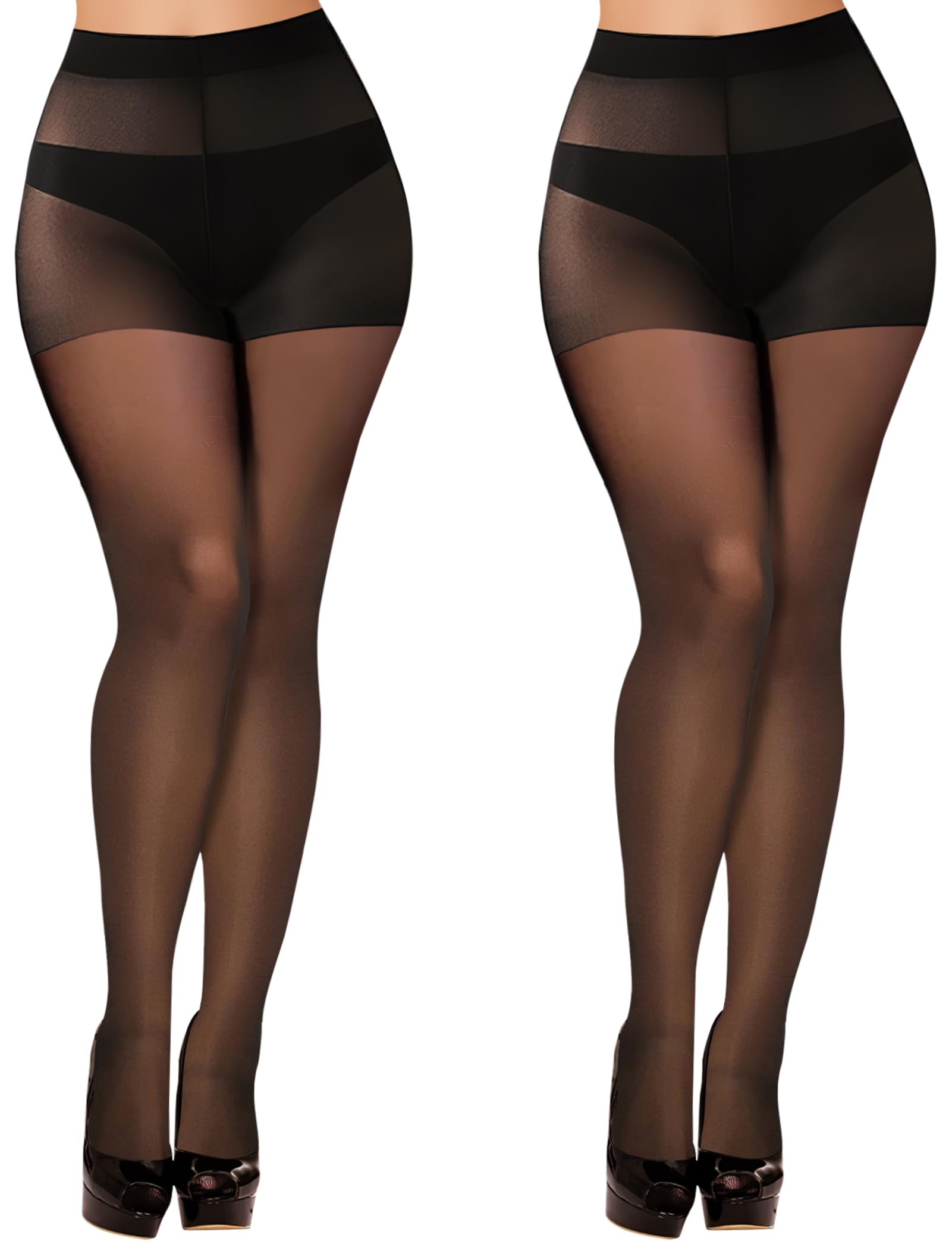2 Pairs Sheer Black Tights for Women - 20D High Waist Pantyhose, Plus Size Nylon Stockings for Everyday Wear & Office Outfits