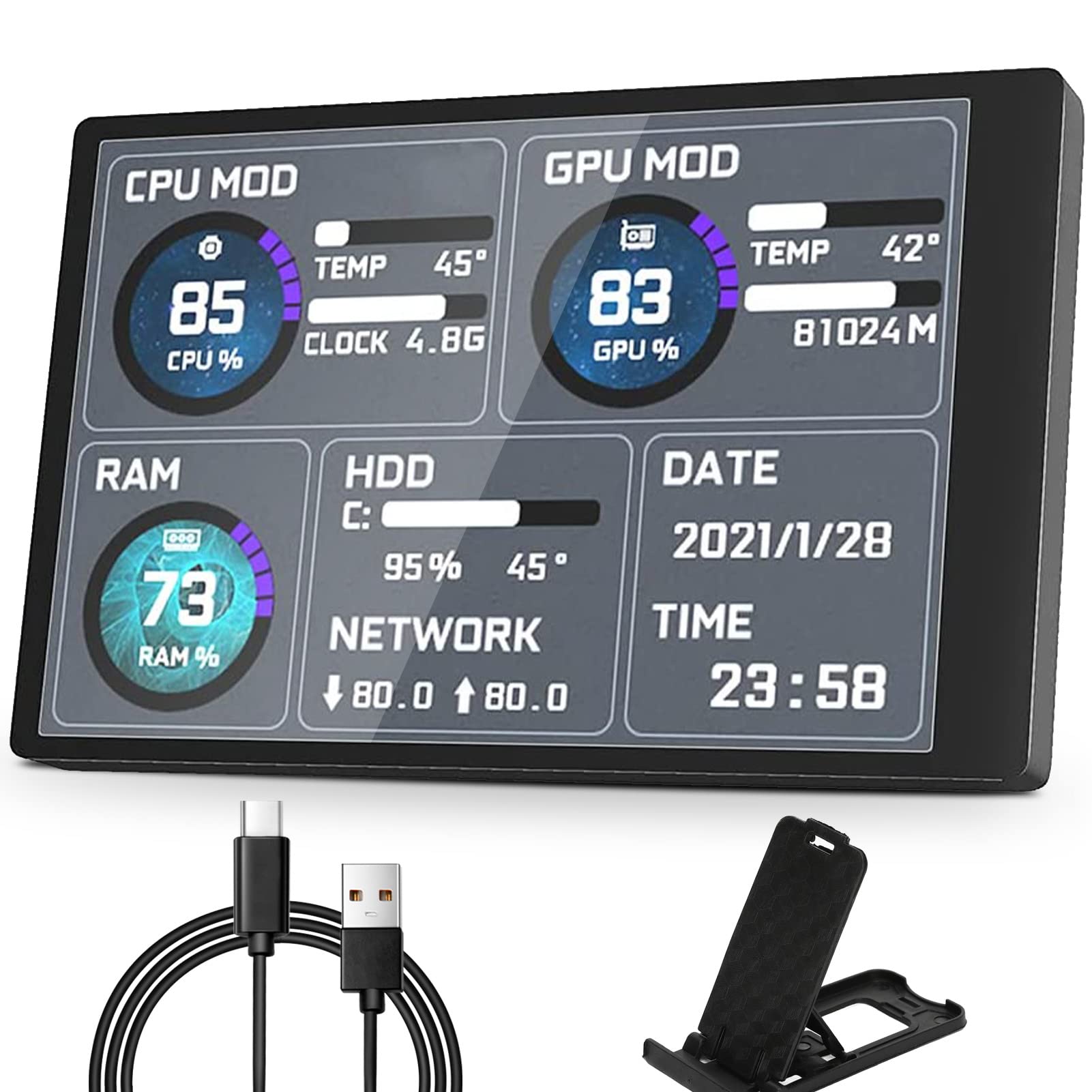 Goshyda 5in IPS USB Mini PC CPU Data Monitor - AIDA64 Sensor Panel Display for Windows System | Real-Time Temperature & RAM Monitoring for Gaming & PC Builds