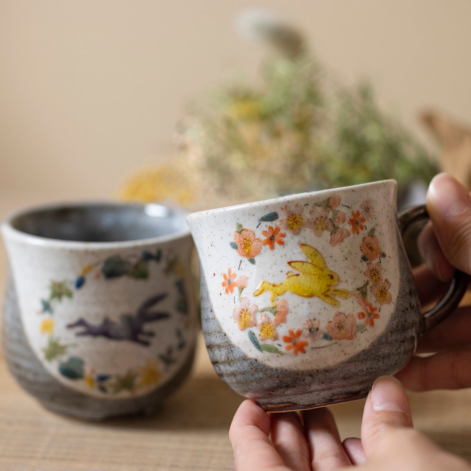 Kutani Ware Rabbit Pair Mugs - Handmade Japanese Ceramic Tea Cups for Coffee & Tea Lovers - Perfect for Couples, Gifts & Home Decor