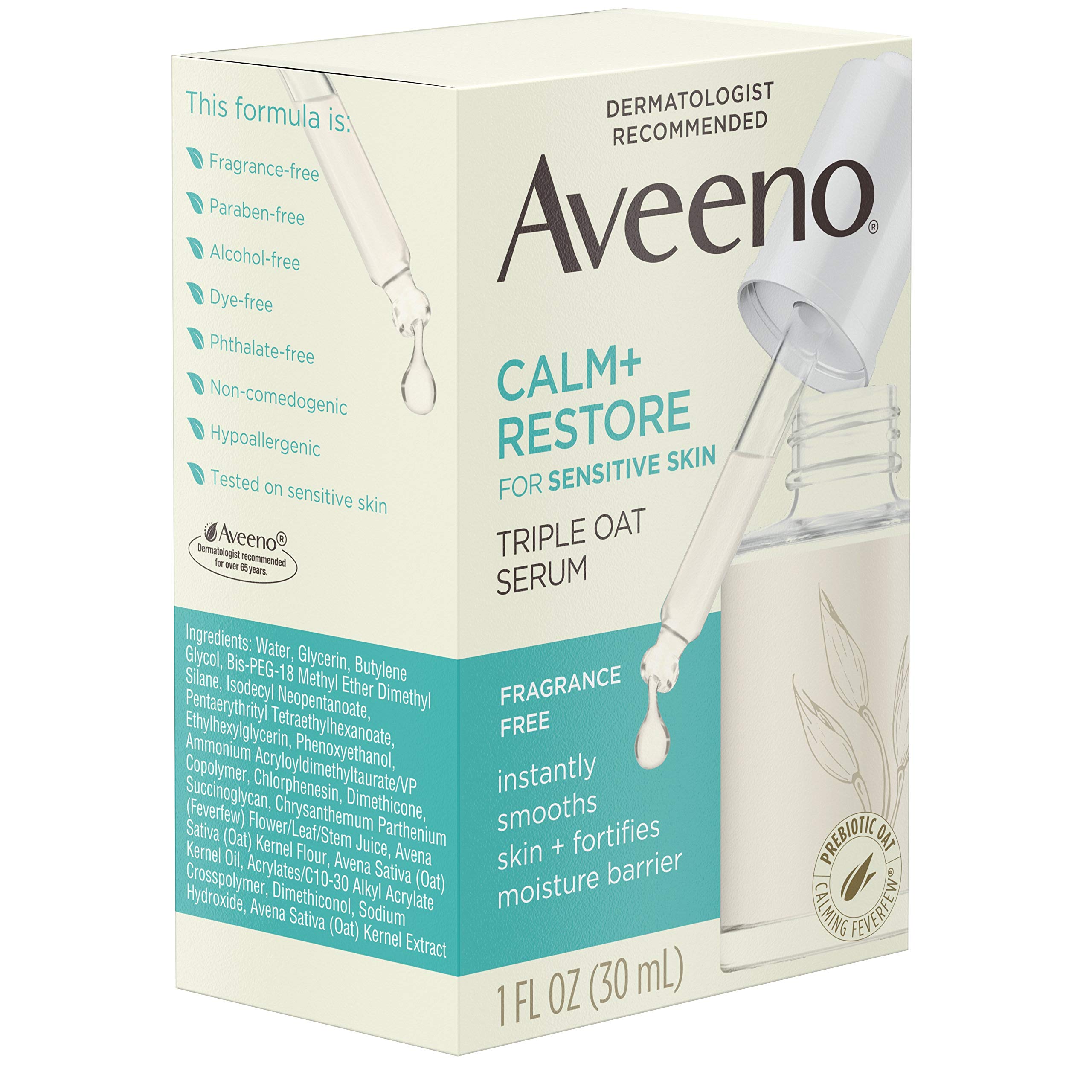 Aveeno Calm + Restore Triple Oat Hydrating Face Serum for Sensitive Skin - Gentle, Lightweight Facial Serum to Smooth & Strengthen Skin - Hypoallergenic, Fragrance-Free, Paraben-Free - 1 fl oz (5 Pack) - Perfect for Daily Skincare Routine & Soothing Irritated Skin