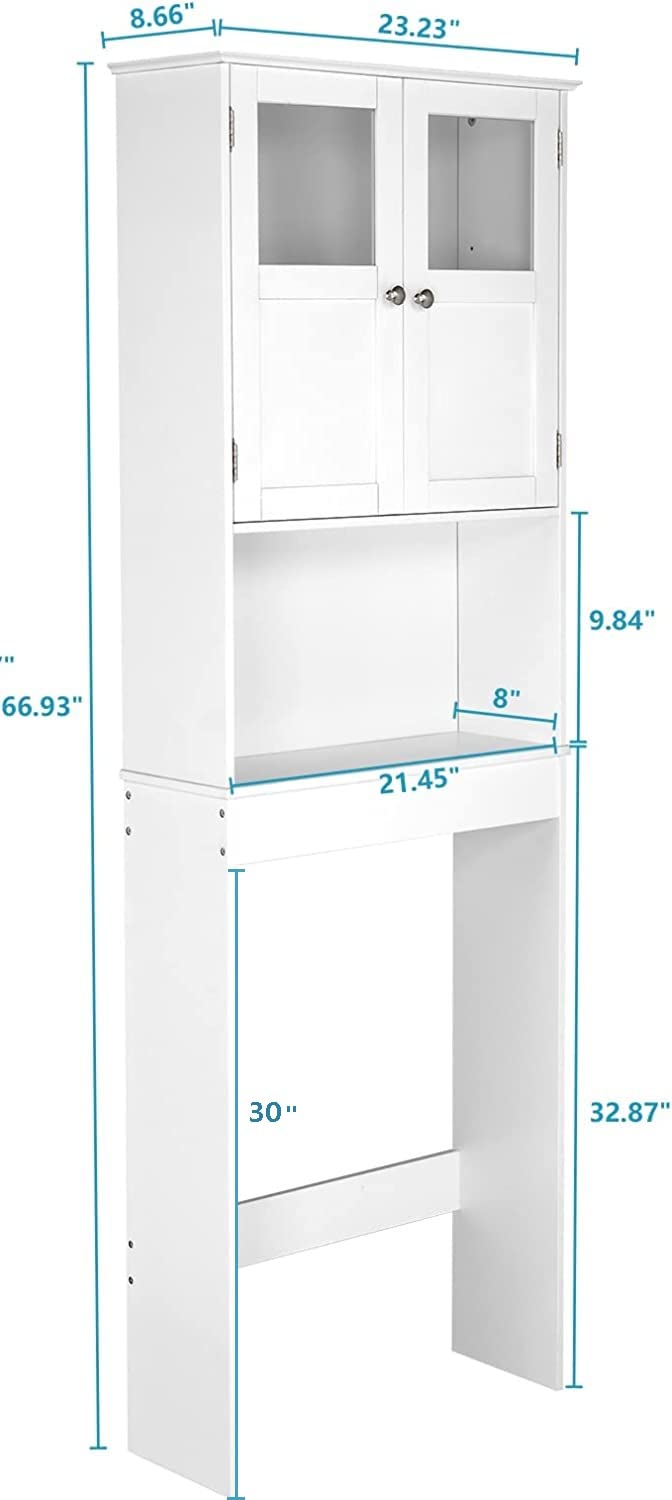 Bonnlo Over The Toilet Storage Cabinet with Adjustable Shelf - White Bathroom Floor Organizer with Double Doors, 67