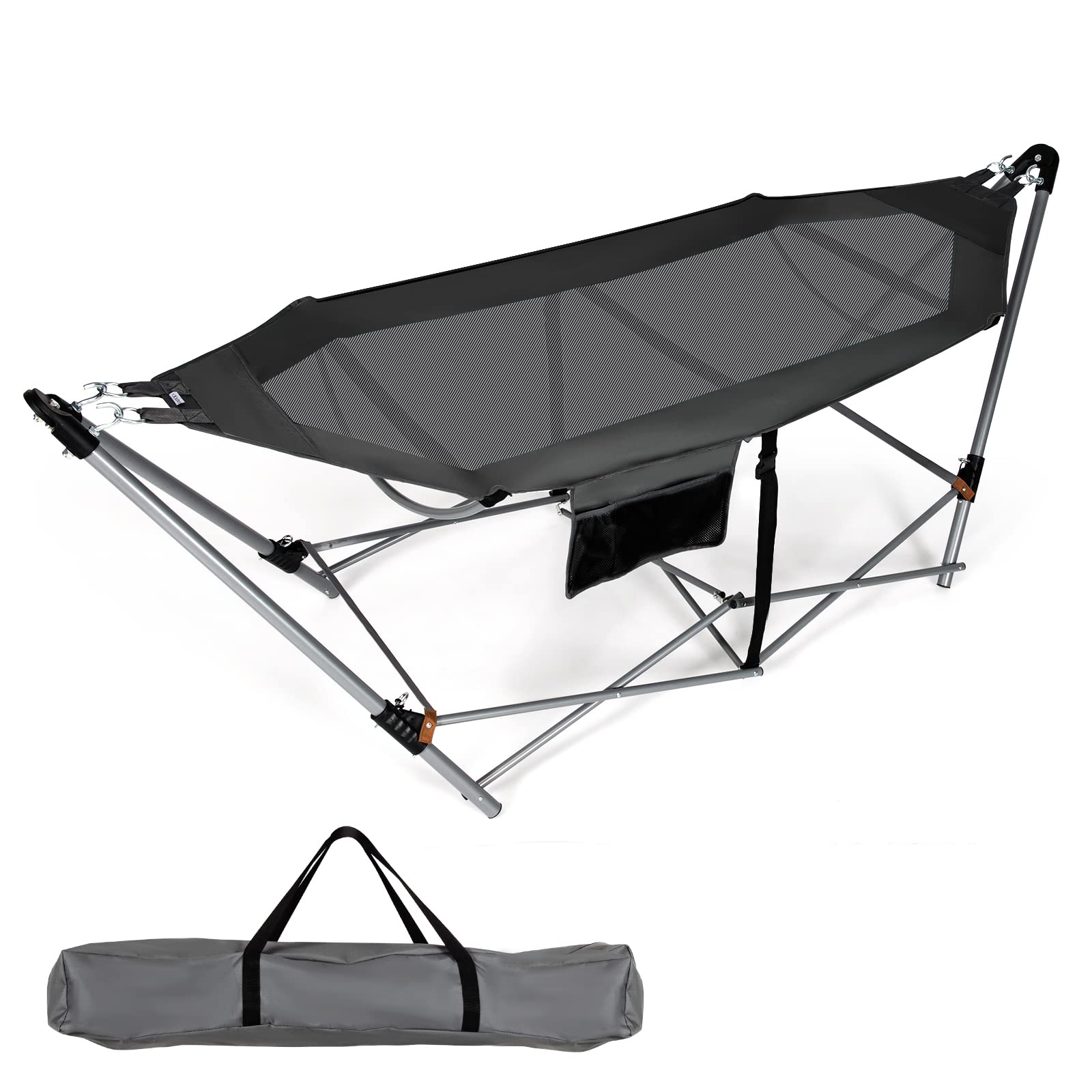 Giantex Portable Folding Hammock with Stand - Lightweight Camping Bed for Indoor & Outdoor Use, Patio Yard Beach Lounge with Side Pocket & Anti-Tip Buckles, Durable Iron Frame (Grey) - Perfect for Camping, Backyard Relaxation, Beach Vacations and Outdoor Adventures