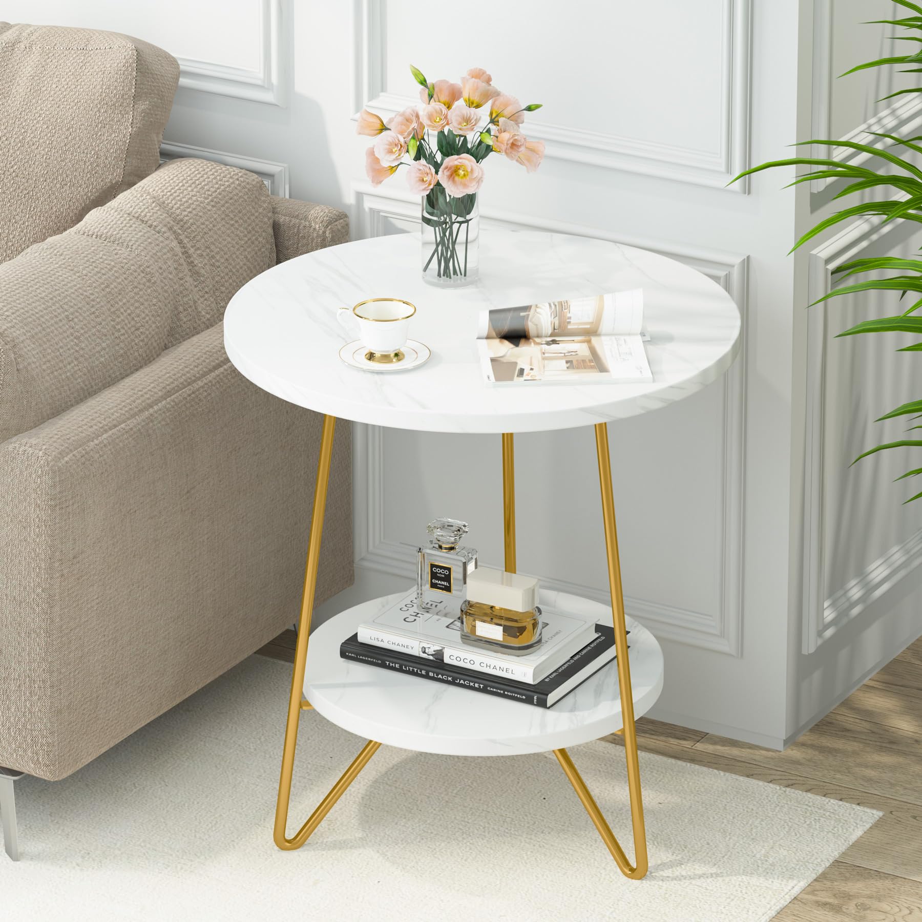 Tribesigns 2-Piece Faux Marble End Table Set - 2-Tier Round Side Tables with Shelves, Modern Gold Nightstand & Bedside Table, Small Coffee Accent Table for Living Room, Bedroom, Office - White & Gold (KUQI-J0014D) | Perfect for Small Spaces, Home Decor & Gift Giving