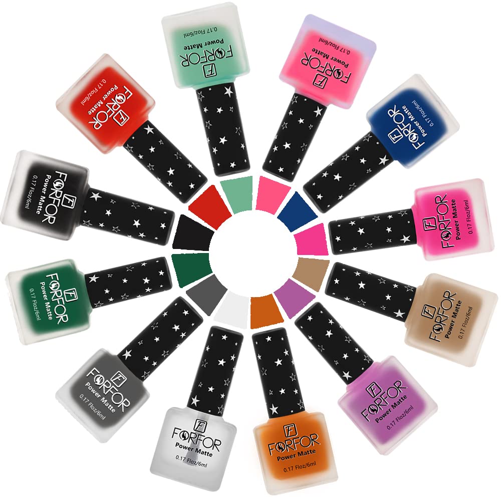 FORFOR® 12-Piece Matte Nail Polish Set - Long Lasting, Chip Resistant, Vegan & Cruelty-Free (Red, Green, Hot Magenta, Dusky Beige, Transparent, Burnt Orange, Black, Purple, Blue, Gray, Green, Crimson) - Perfect for Manicures, Pedicures, Nail Art & Salon Quality Results at Home