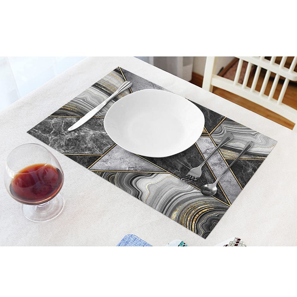 WONDERTIFY Heat Resistant Marble Granite Agate Gold Mosaic Placemats Set of 4 - Stain Proof 12x18 Inch Dining Table Mats in White, Black, Gray & Gold Glitter - Perfect for Dinner Parties, Holiday Decor & Upscale Restaurants